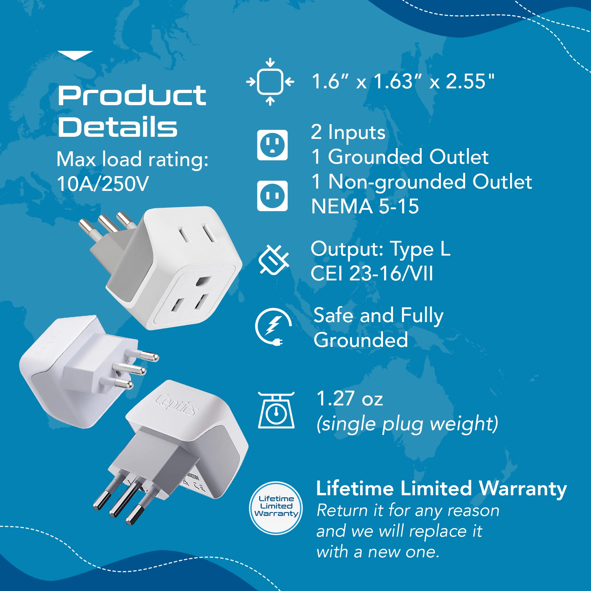 Italy Travel Adapter - Type L - Ultra Compact (CT-12A, 3 Pack)