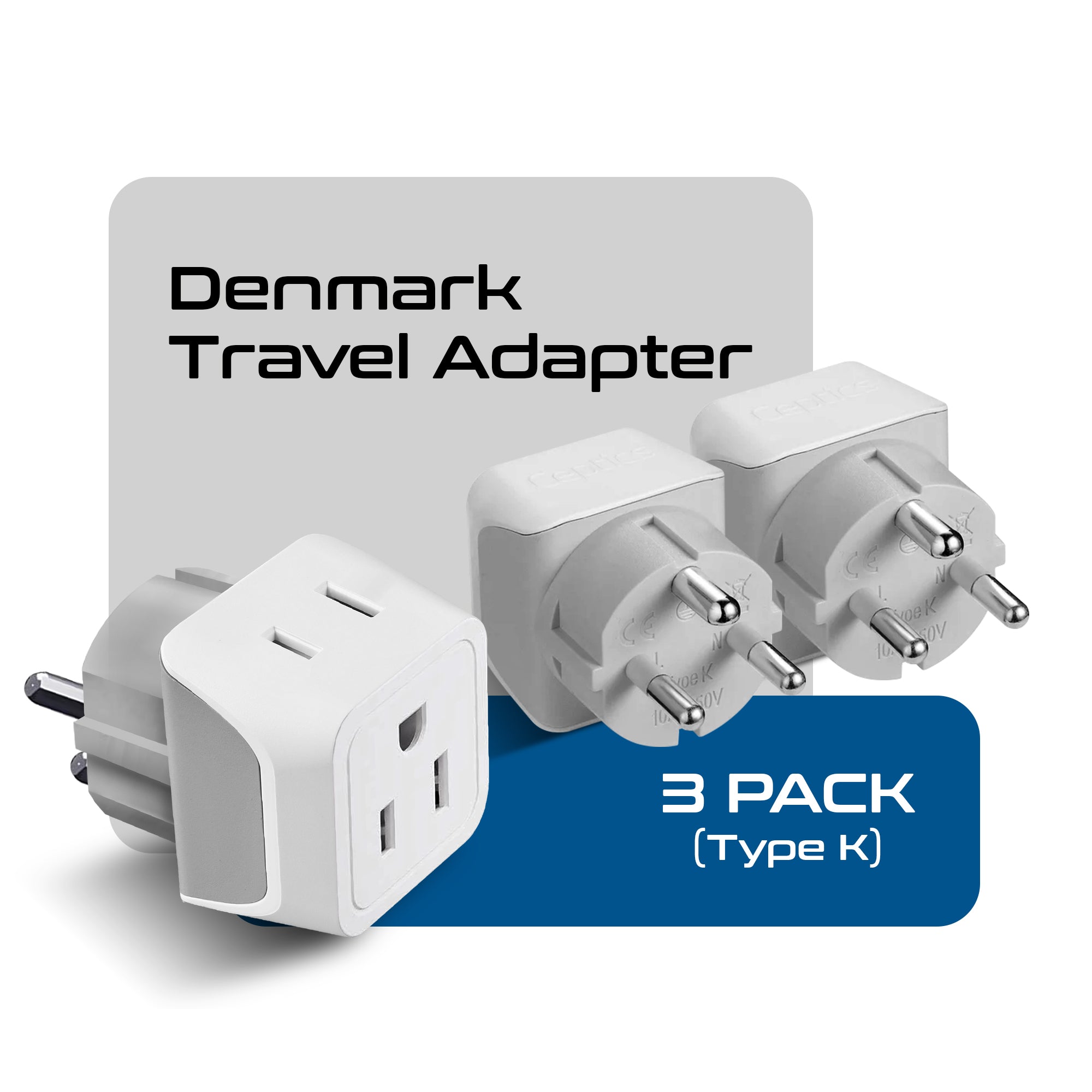 Denmark Travel Adapter - Type K - Ultra Compact (CT-20 ,3 PACK)