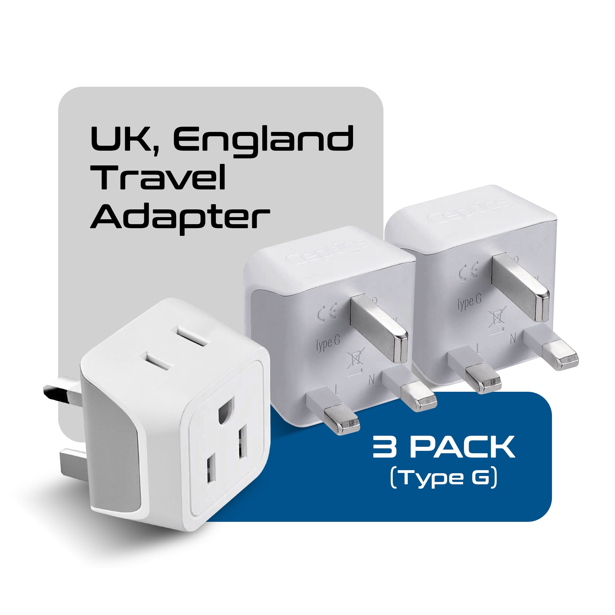 UK, England Travel Adapter - Type G - Ultra Compact (CT-7, 3 Pack)