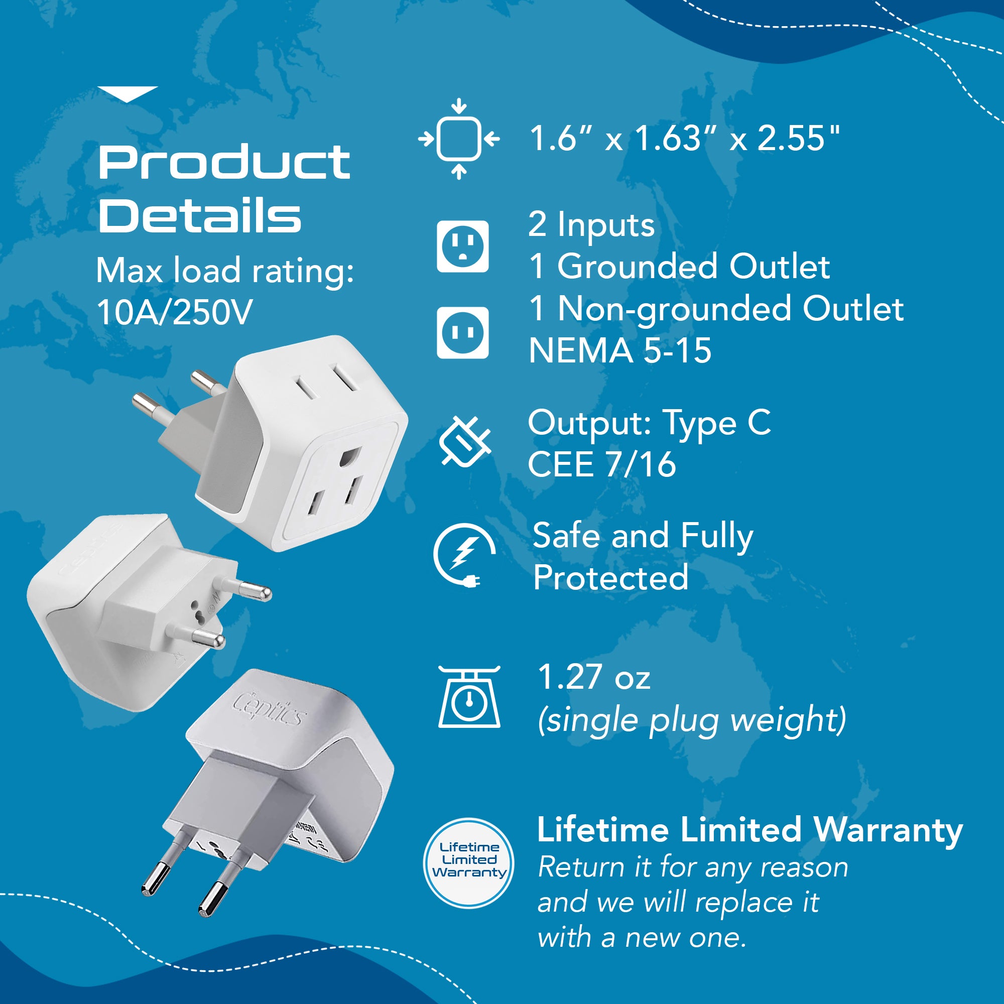 European Travel Adapter - Type C - Ultra Compact (CT-9C, 3 Pack)