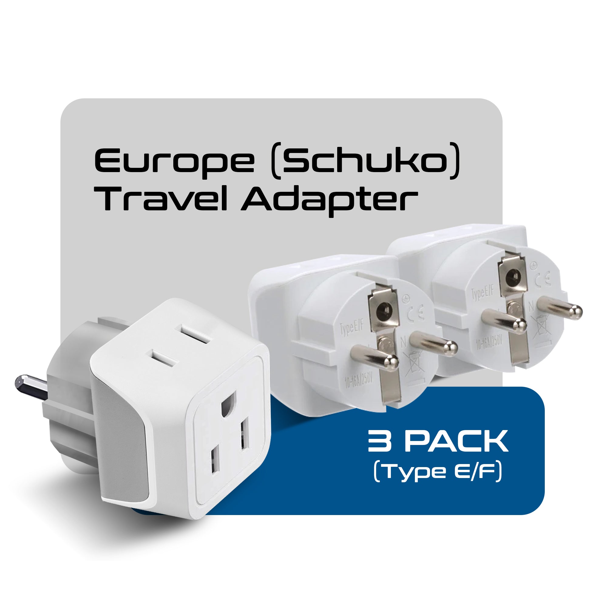 Europe (Schuko) Travel Adapter - Type E/F - Ultra Compact (CT-9, 3 Pack)