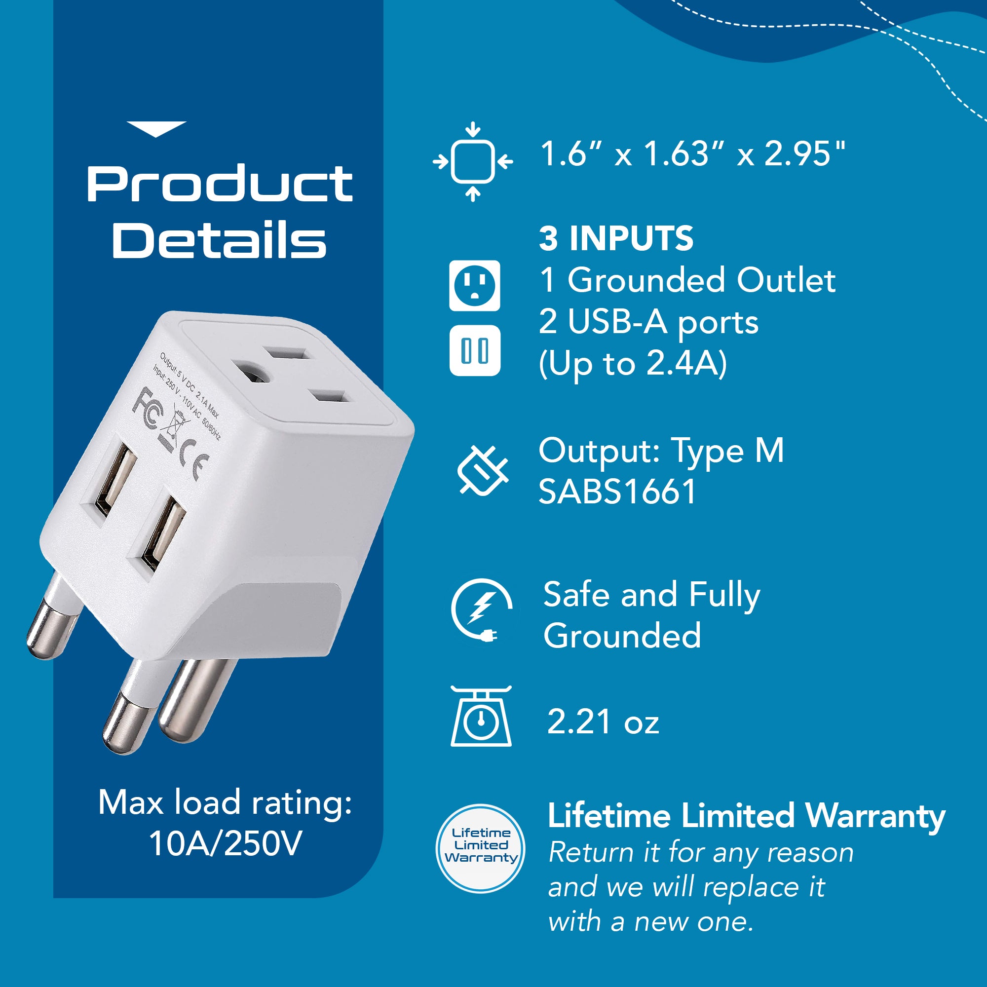 South Africa Travel Adapter - Type M - Dual USB (CTU-10L)