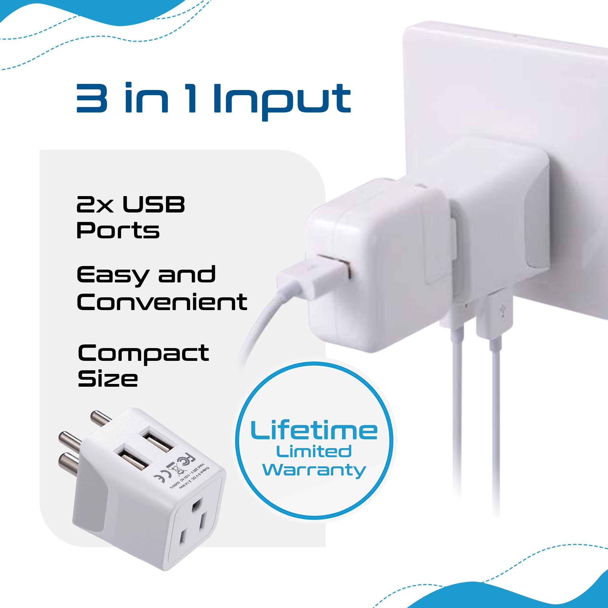 India Travel Adapter - Type D - Dual USB (CTU-10)