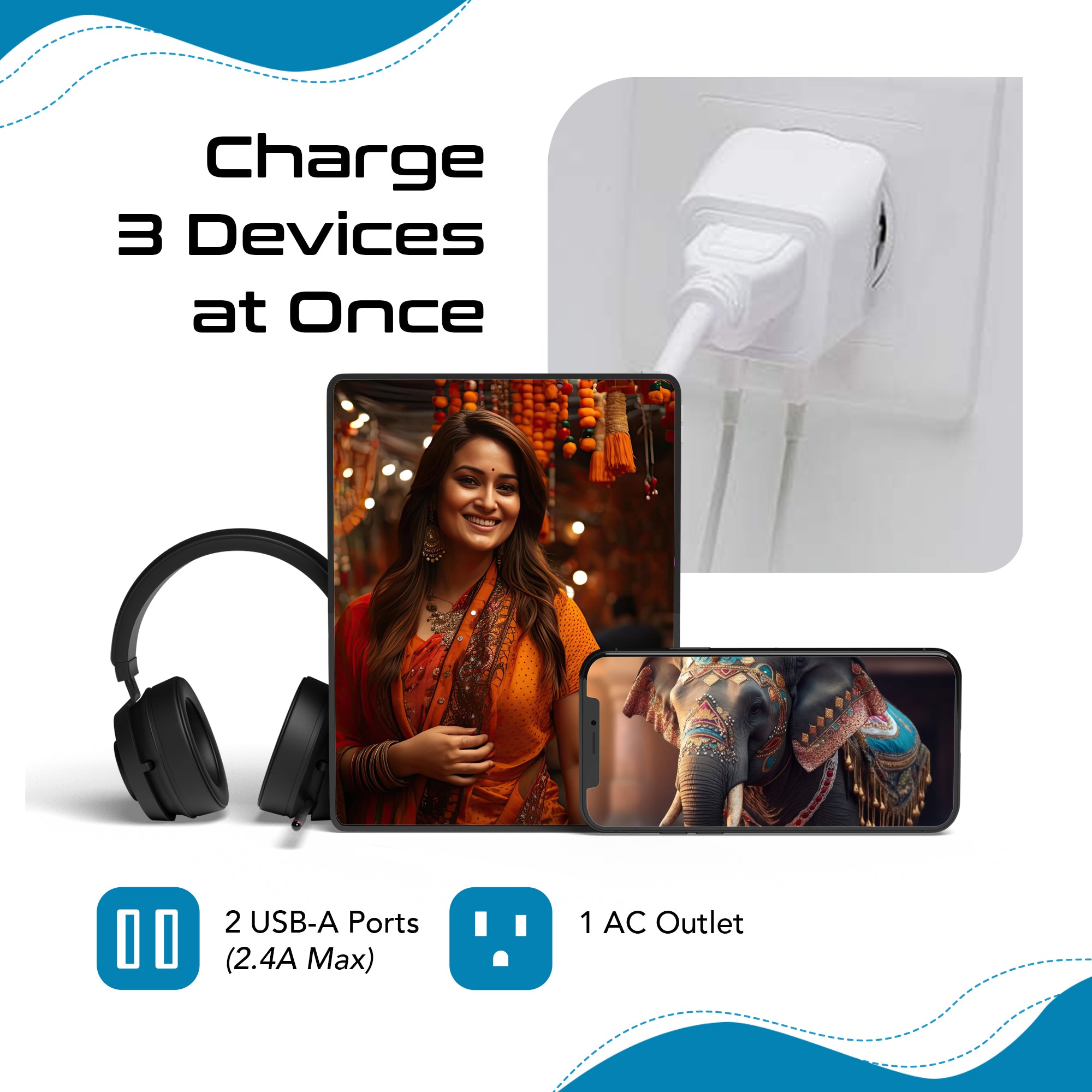 India Travel Adapter - Type D - Dual USB (CTU-10)