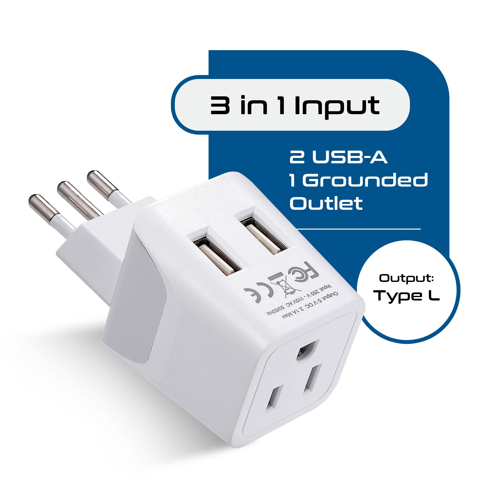 Italy Travel Adapter - Type L - Dual USB (CTU-12A)