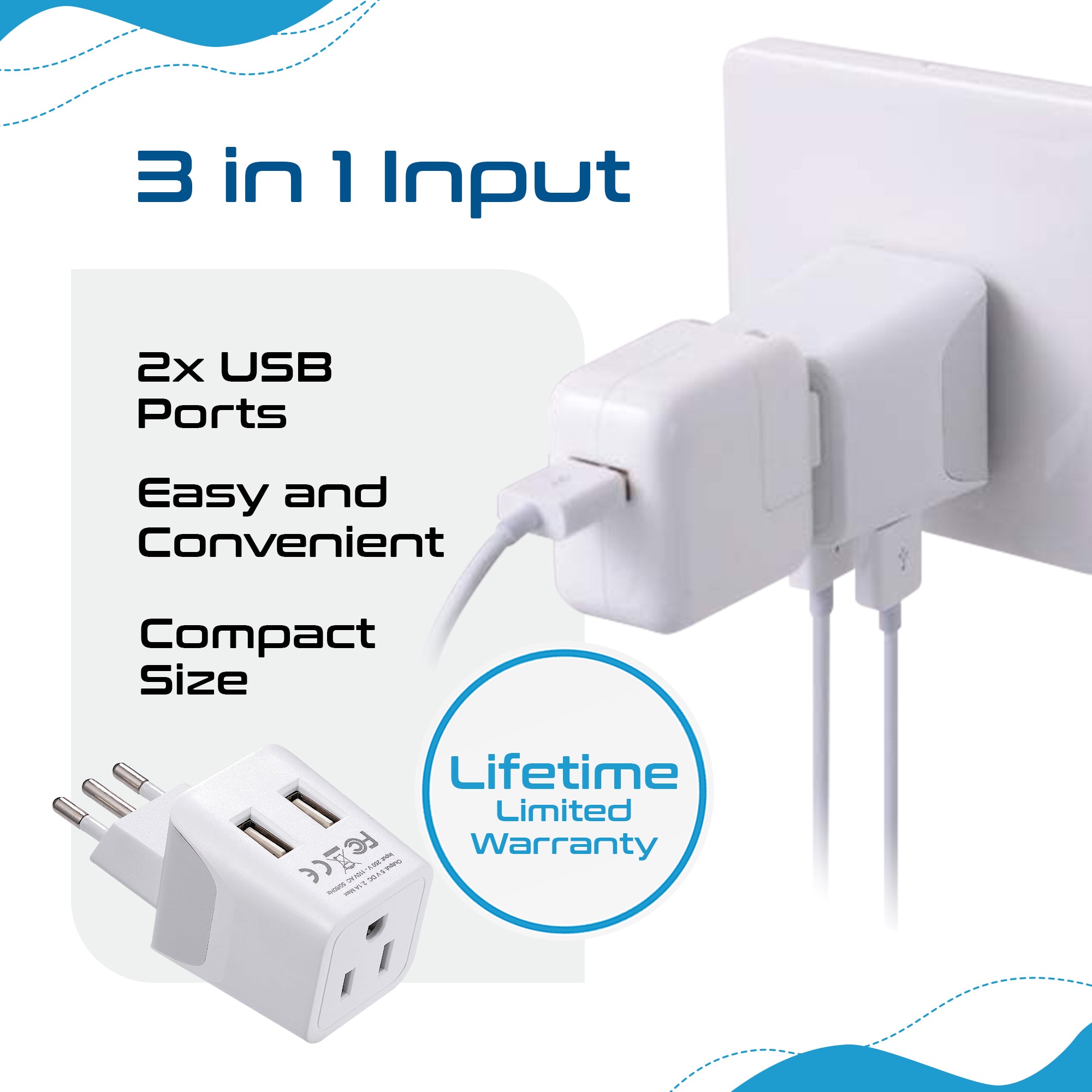 Italy Travel Adapter - Type L - Dual USB (CTU-12A)