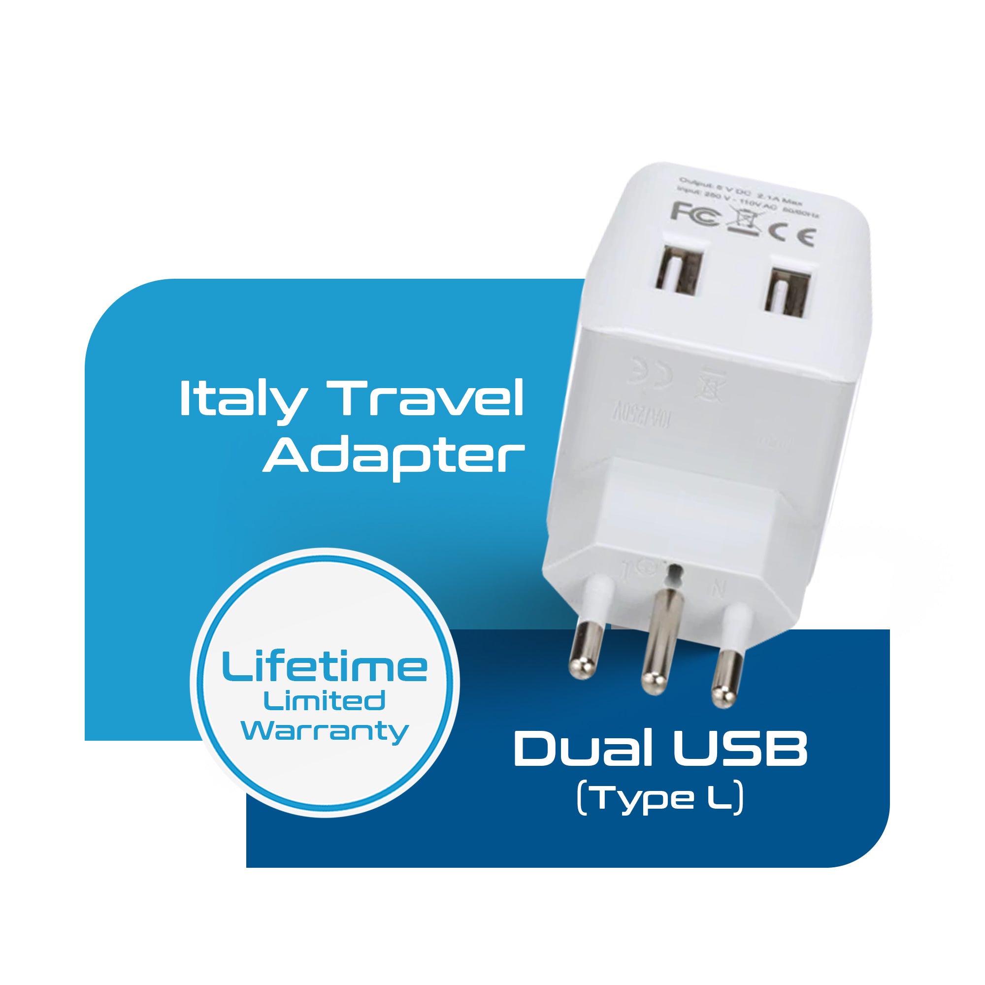 Italy Travel Adapter - Type L - Dual USB (CTU-12A)