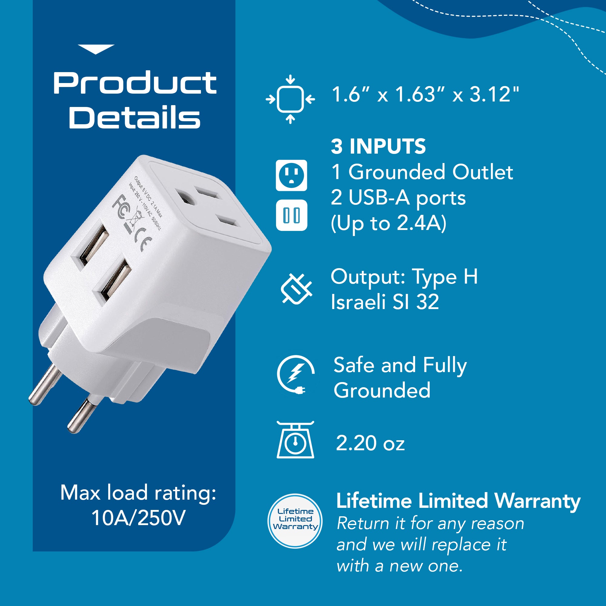 Israel, Palestine Travel Adapter - Type H - Dual USB (CTU-14)