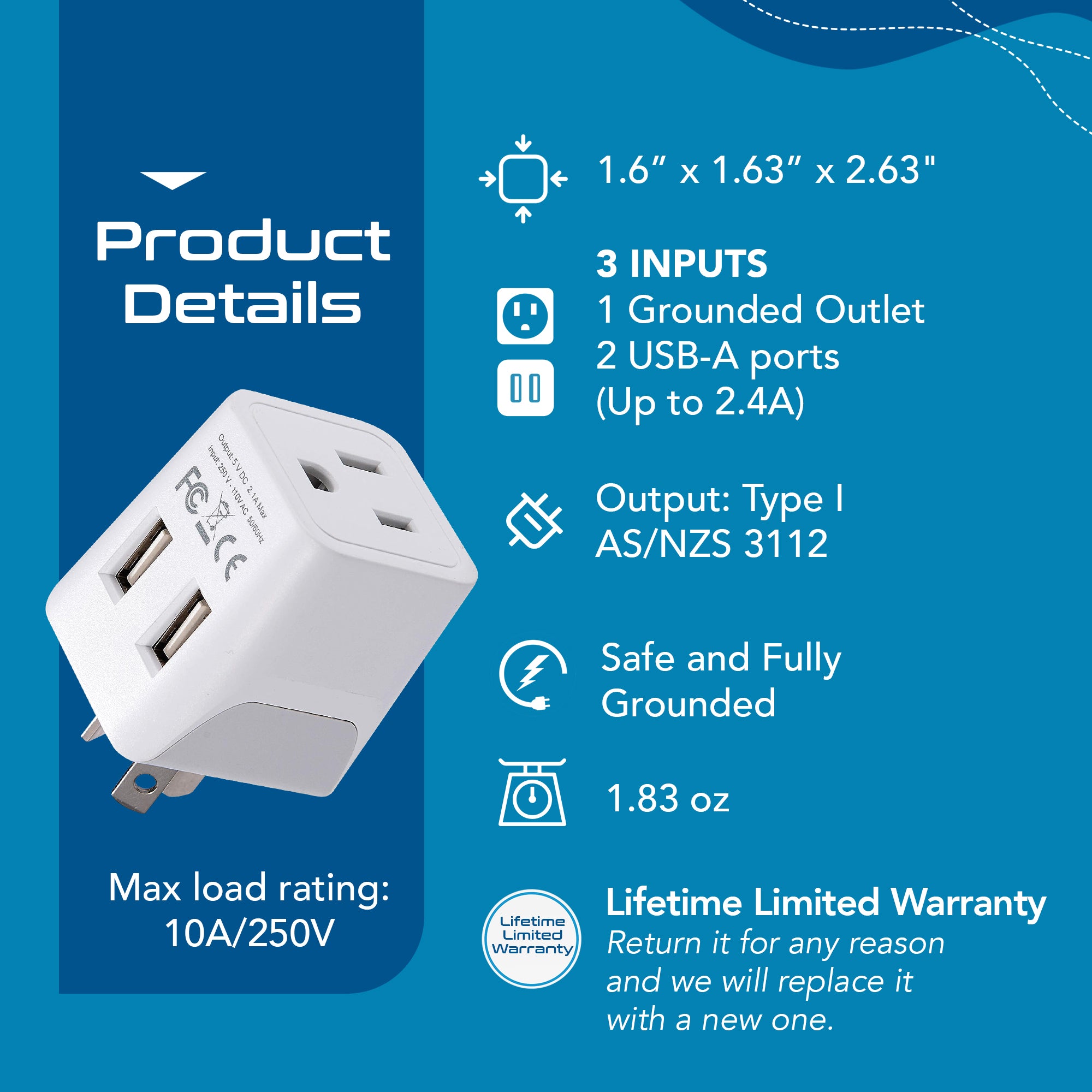 Australia, China Travel Adapter - Type I - Dual USB (CTU-16)