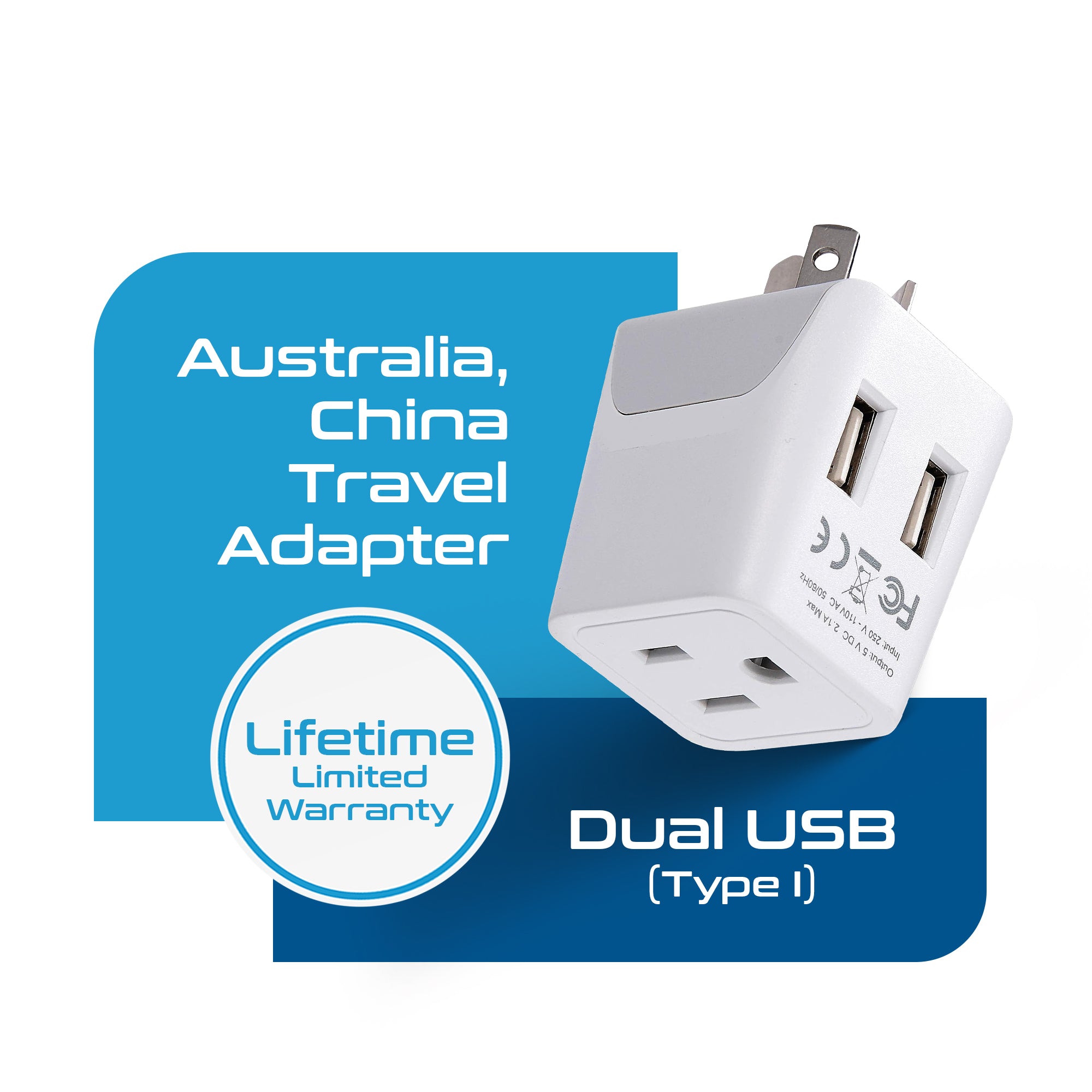 Australia, China Travel Adapter Plug with Dual USB - Type I - 2 Pack