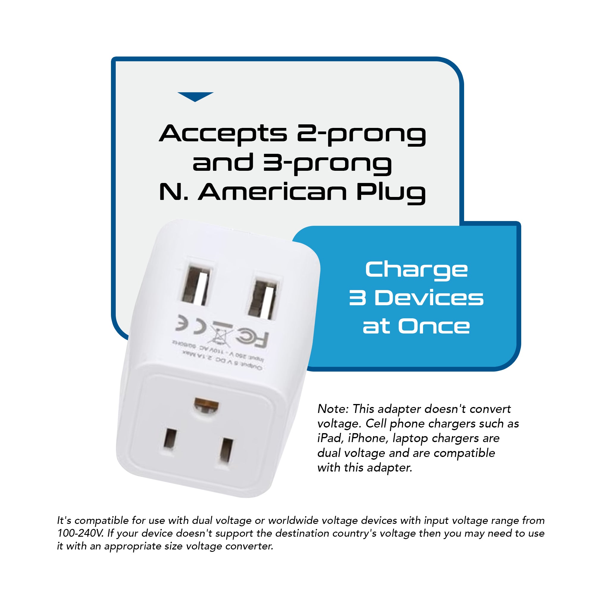 Japan, Philippines Travel Adapter - Type A - Dual USB (CTU-6)