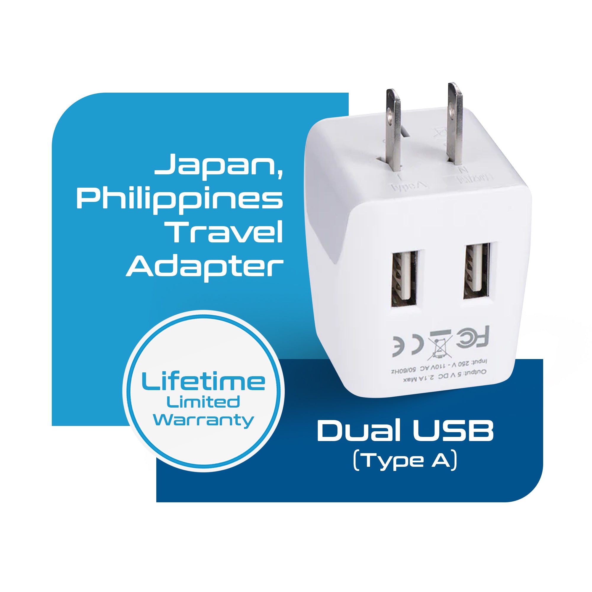 Japan, Philippines Travel Adapter - Type A - Dual USB (CTU-6)