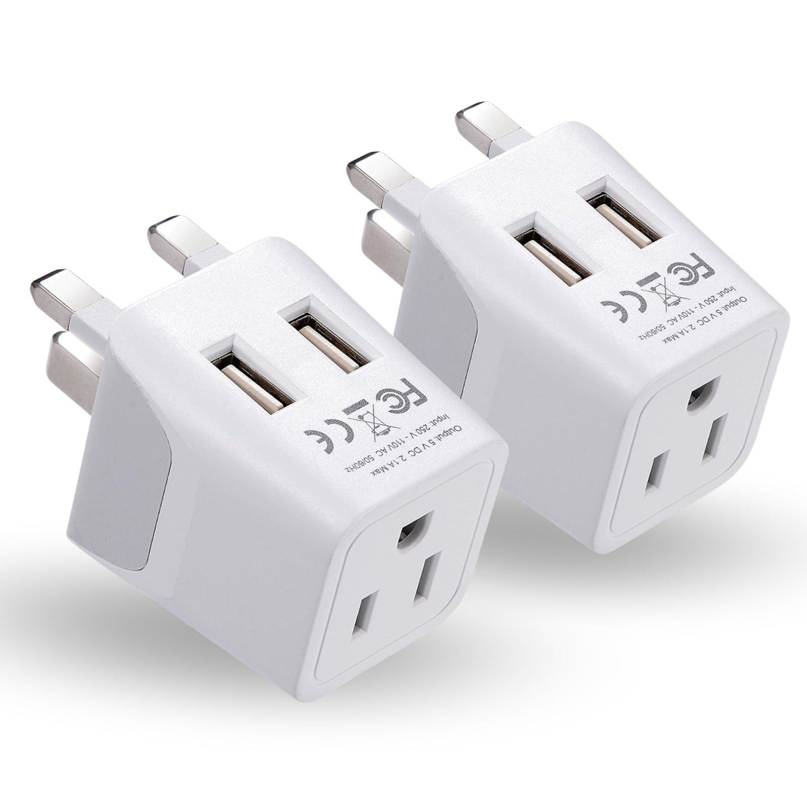 UK, England Travel Adapter Plug with Dual USB - Type G - 2 Pack