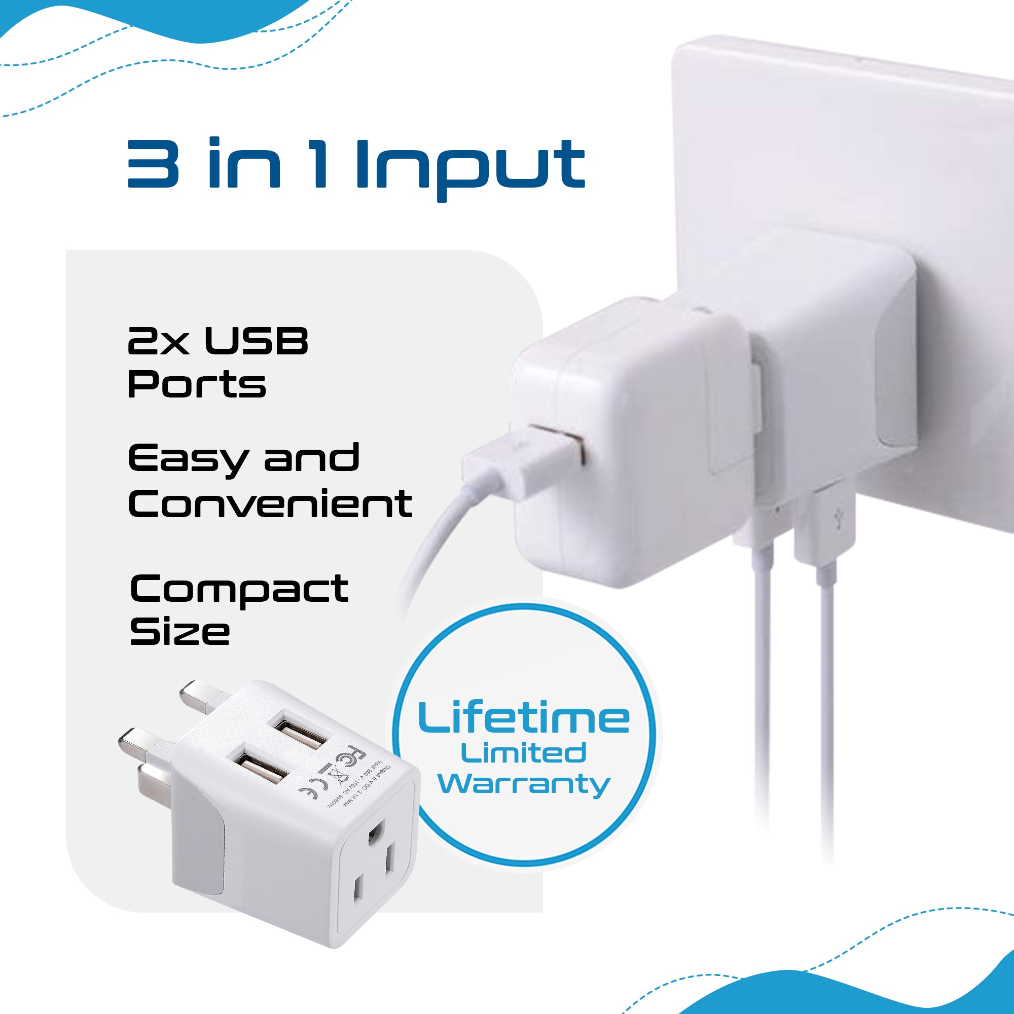 UK, England Travel Adapter - Type G - Dual USB (CTU-7)