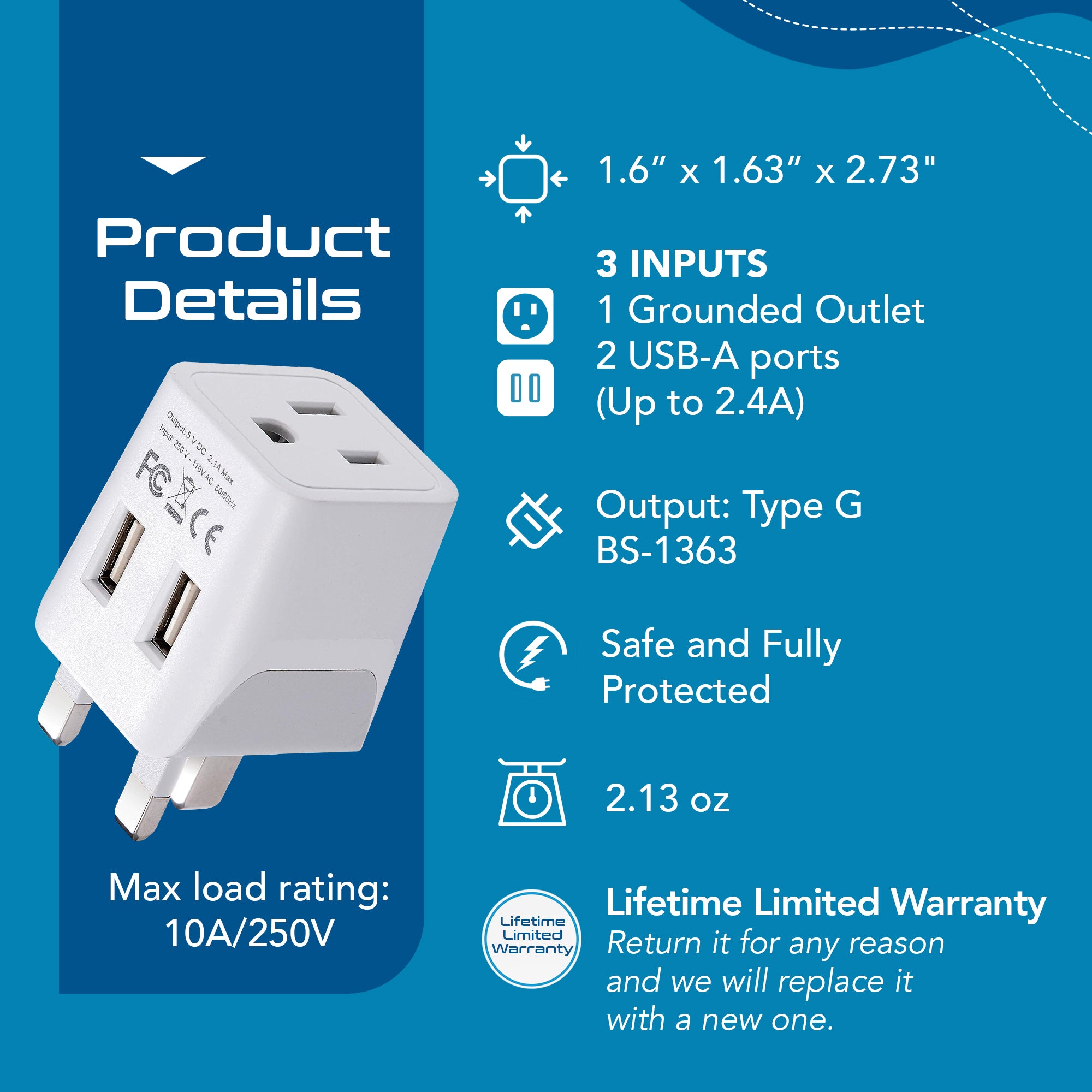 UK, England Travel Adapter - Type G - Dual USB (CTU-7)