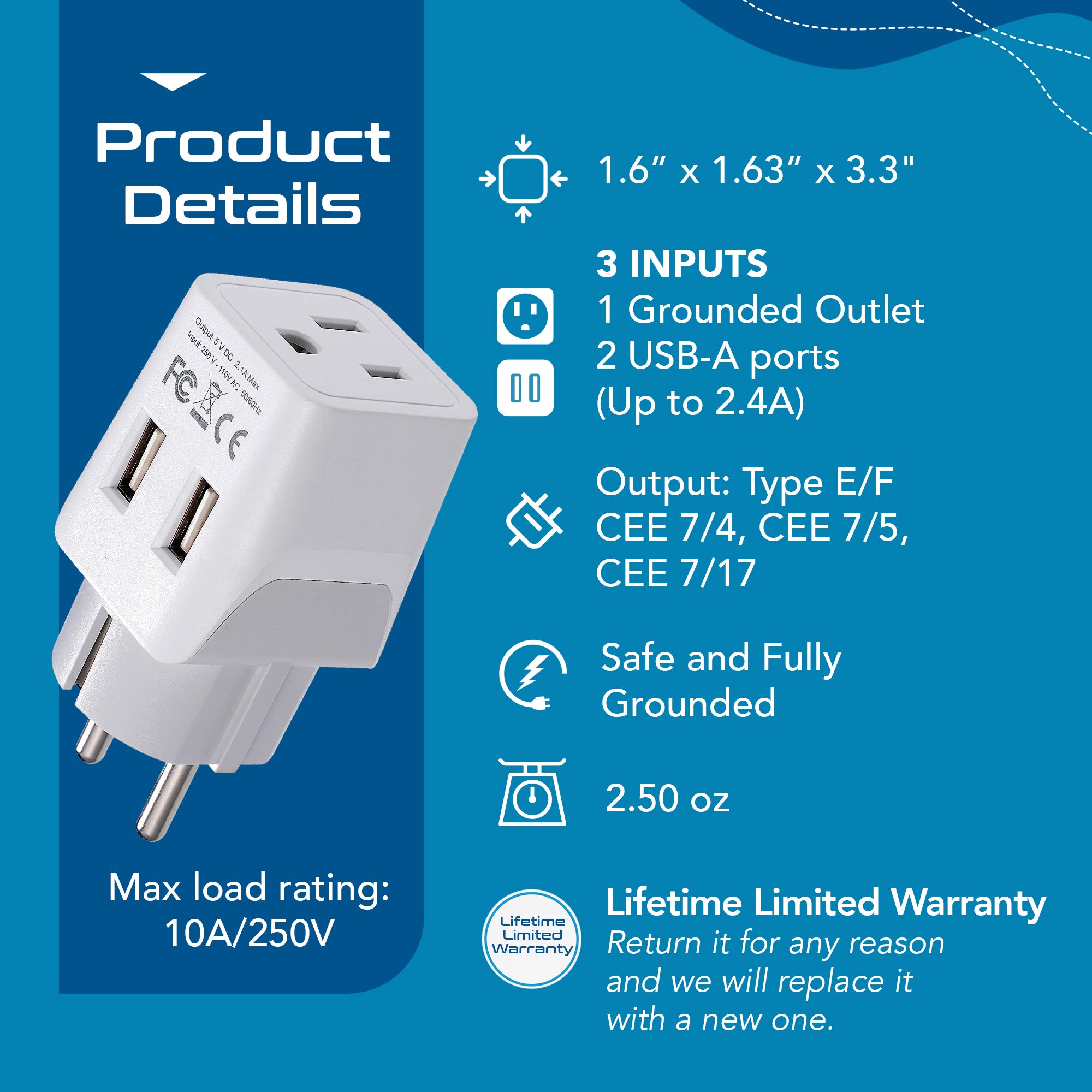 Europe (Schuko) Travel Adapter - Type E/F - Dual USB (CTU-9)