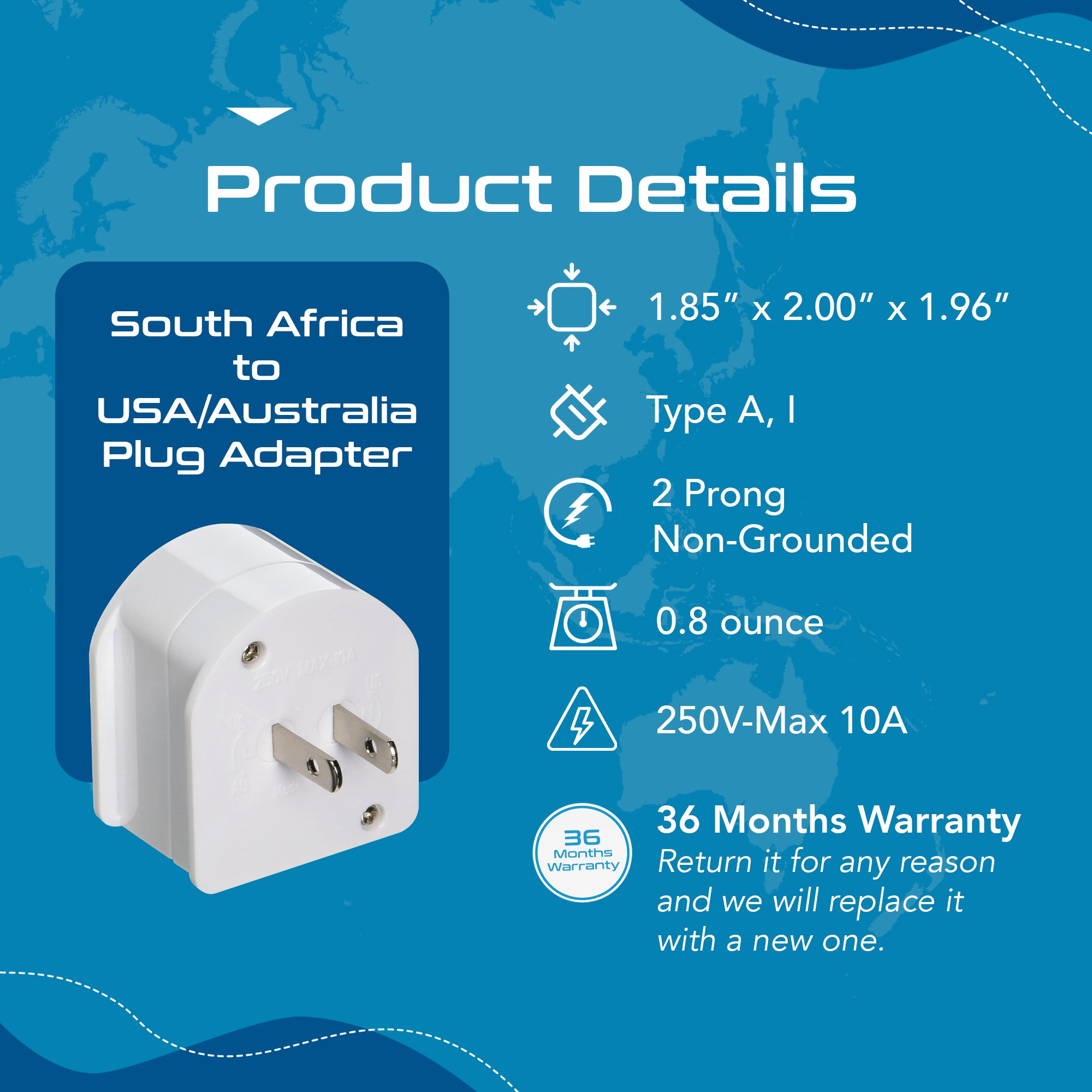 South Africa to USA/Australia - Type A, I - Travel Plug Adapter - Non-Grounded (SA-US-AU)