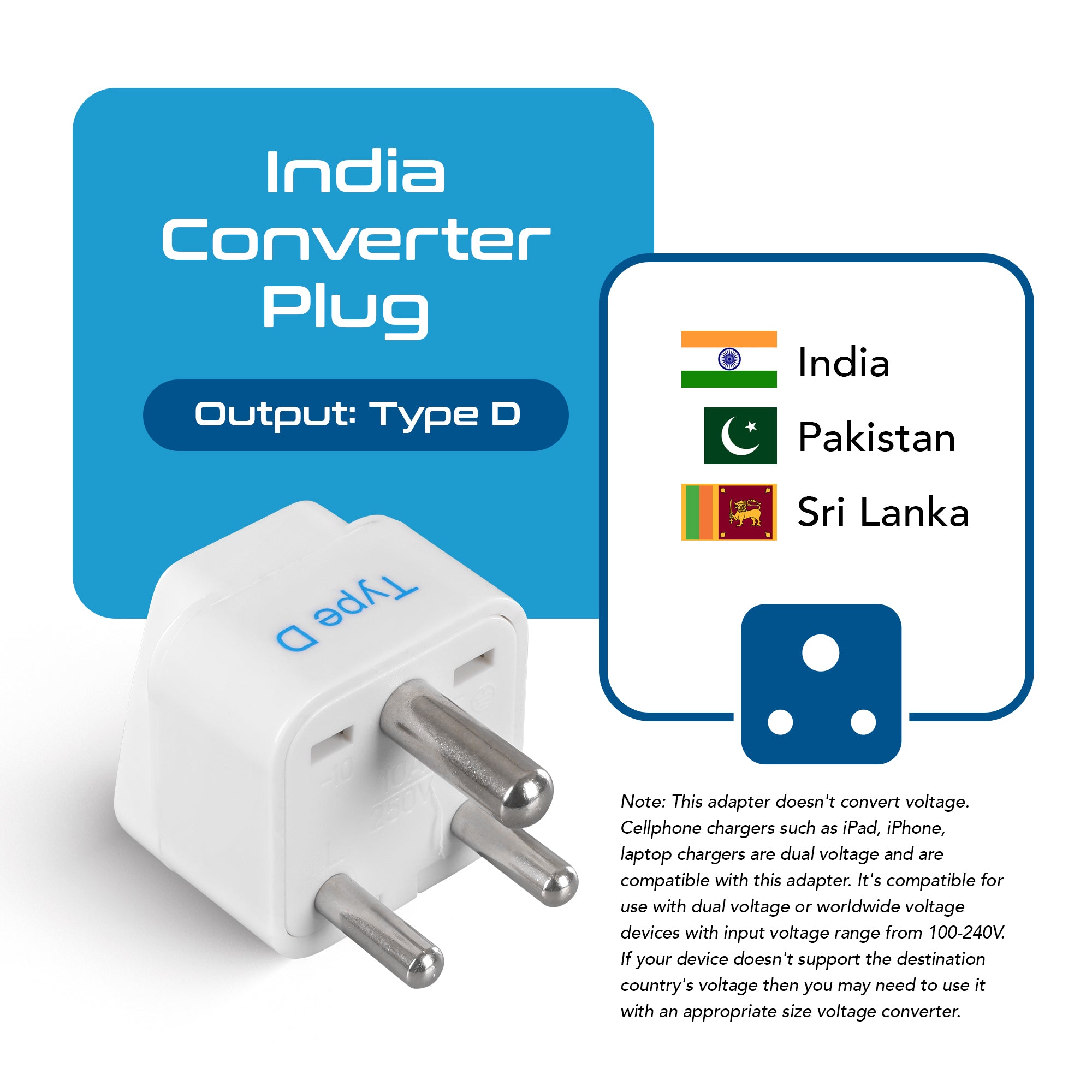 India Travel Adapter - Type D - 3 Pack (GP-10)