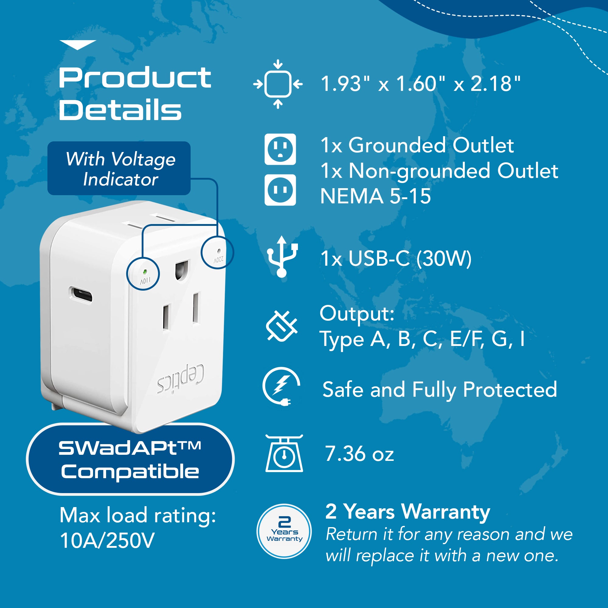 PAK-30-WS Travel Adapter Set |  Type A, B, C, E/F, G, I - USB-C Port with PD + 2 US Outlets