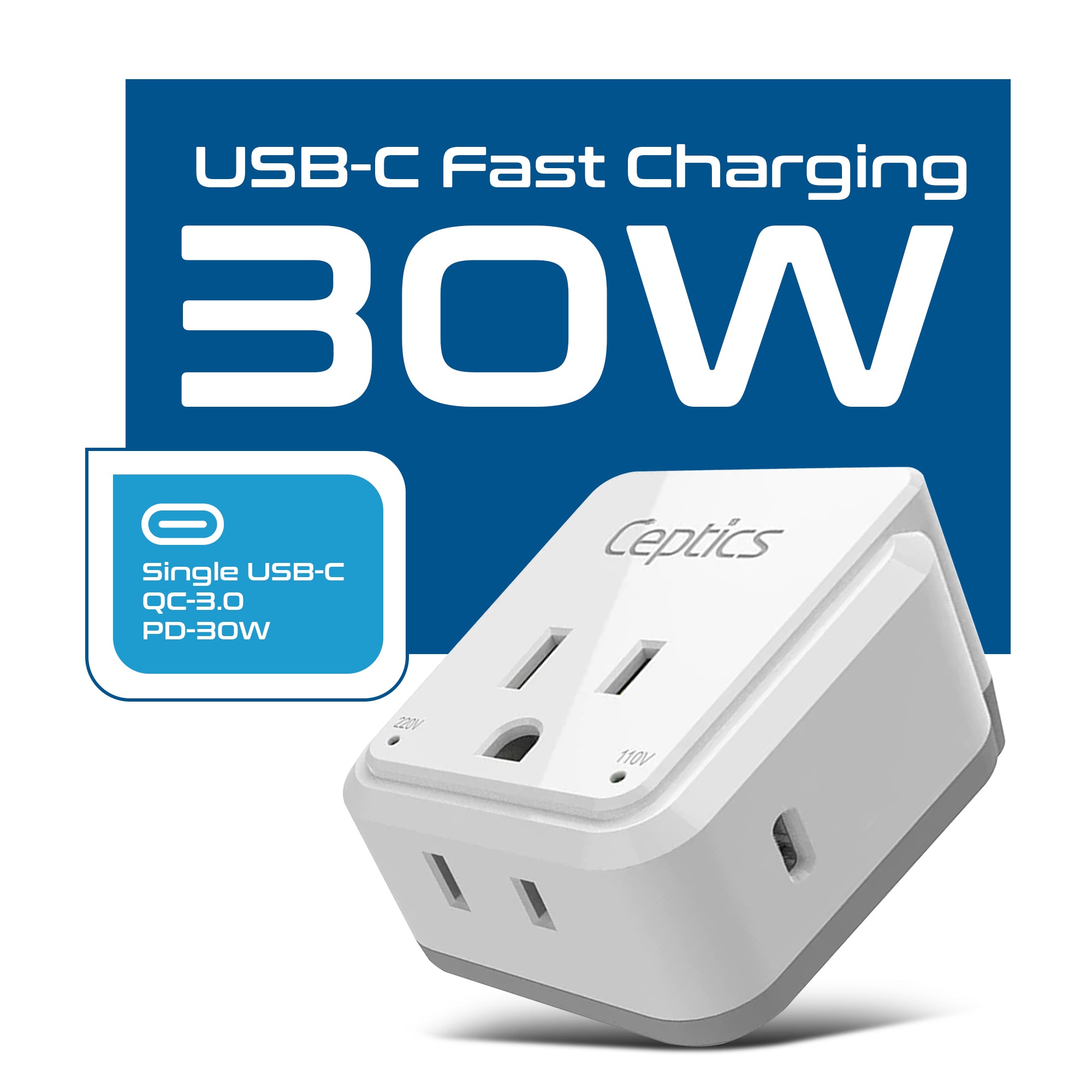 PAK-30W-9C European travel Plug Adapter | Type C - USB C Port + 2 US Outlets