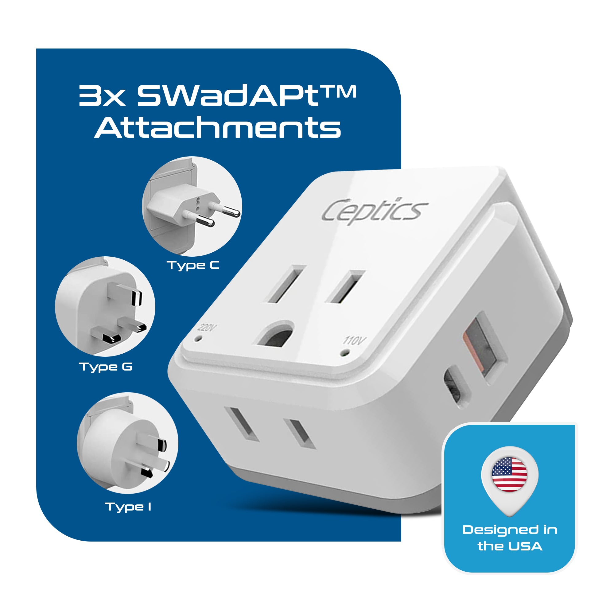 PAK-AS Asian, China, Malaysia Travel Adapter Set | Type C, G, I - USB & USB-C Ports + 2 US Outlets