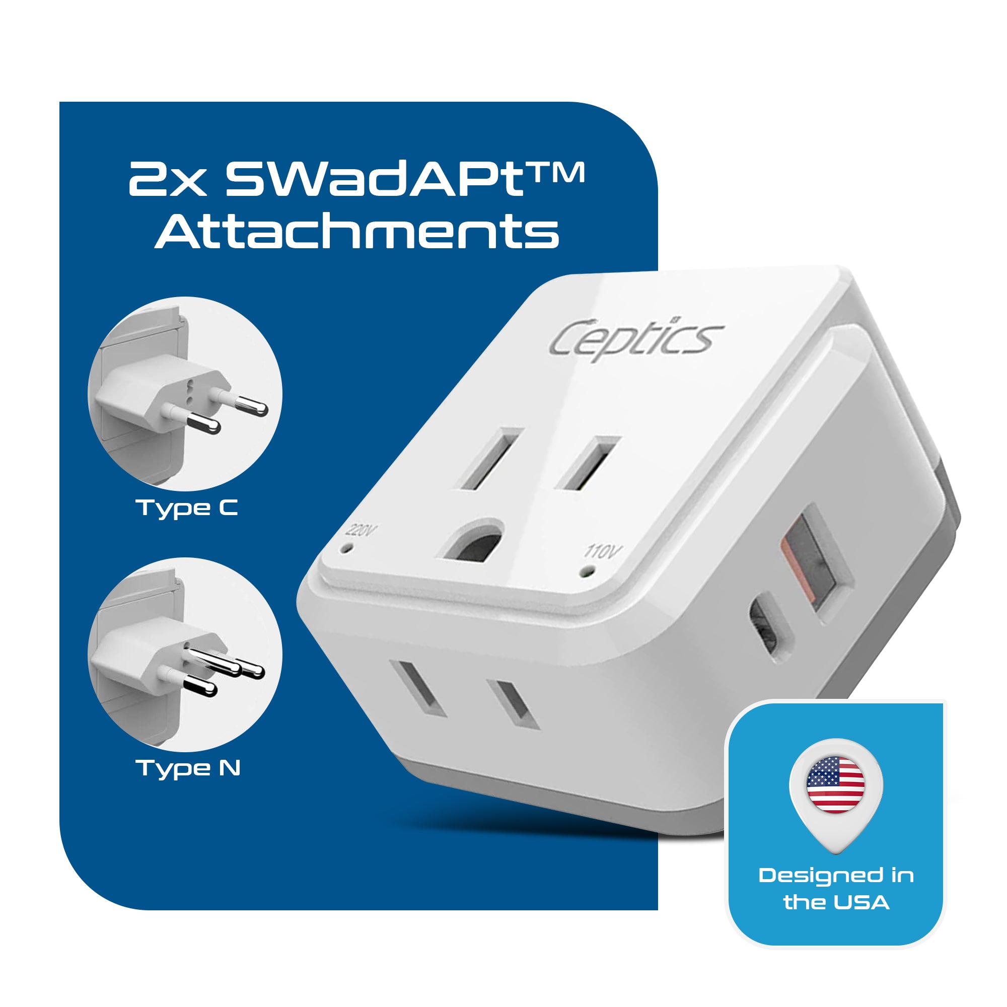 PAK-BR Brazil Travel Plug Adapter Set | Type C, N - 1 USB & 1 USB-C 3.1A + 2 USA Socket