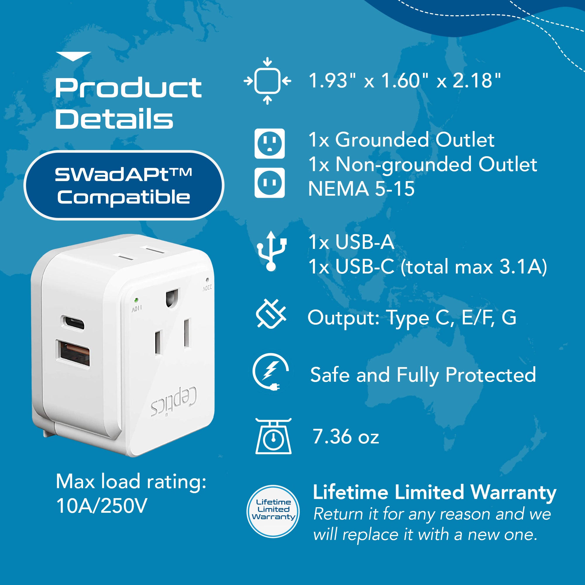 PAK-EU Travel Adapter Kit | Type C, E/F, G - USB & USB-C Ports + 2 US Outlets