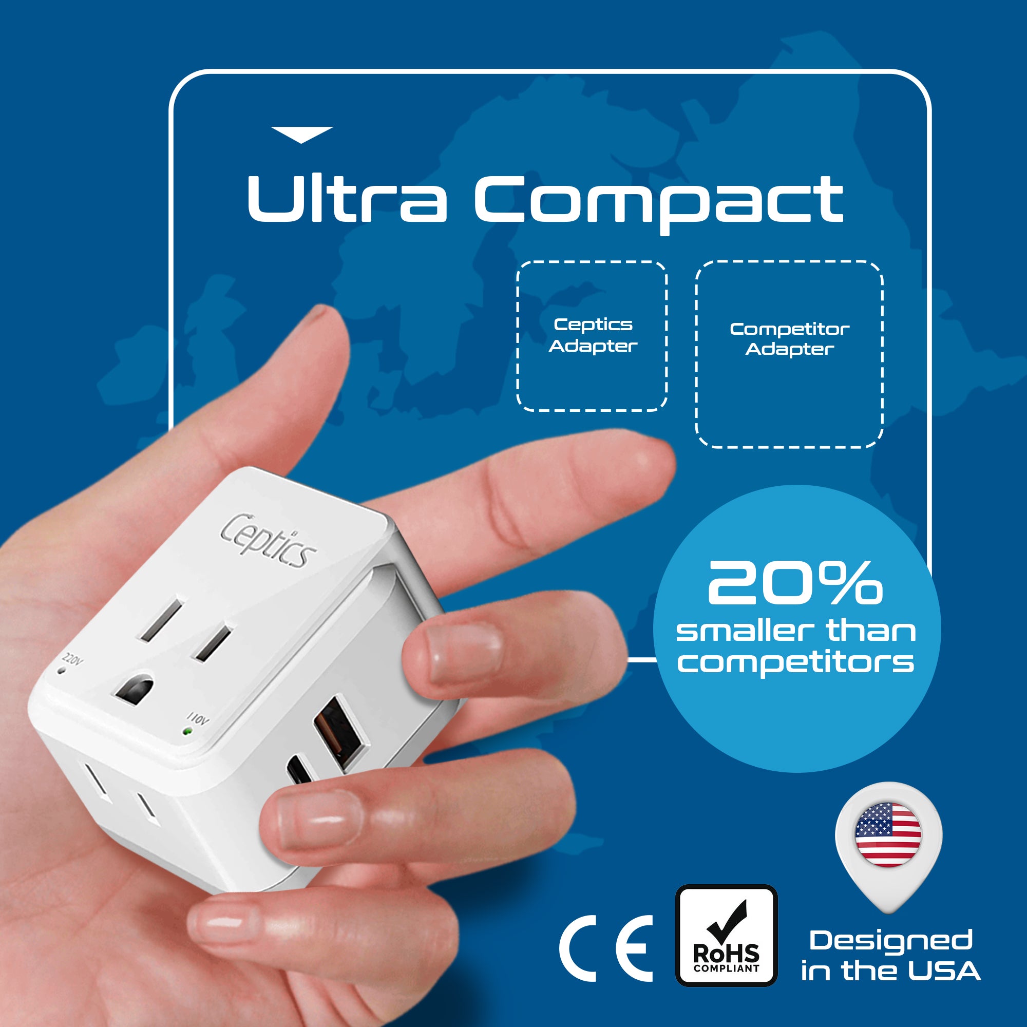 PAK-EU Travel Adapter Kit | Type C, E/F, G - USB & USB-C Ports + 2 US Outlets