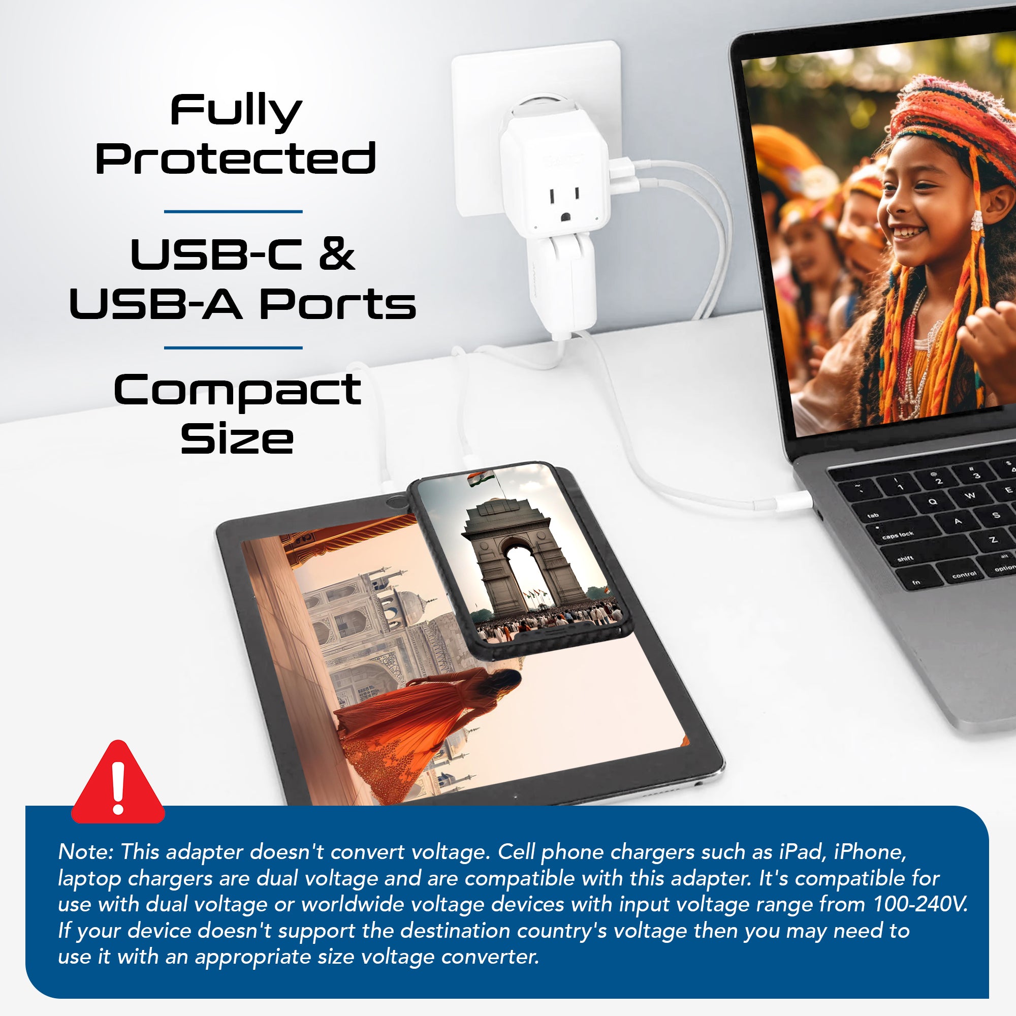 PAK-IN India, Nepal Travel Adapter Set | Type C, D - USB & USB-C Ports + 2 US Outlets