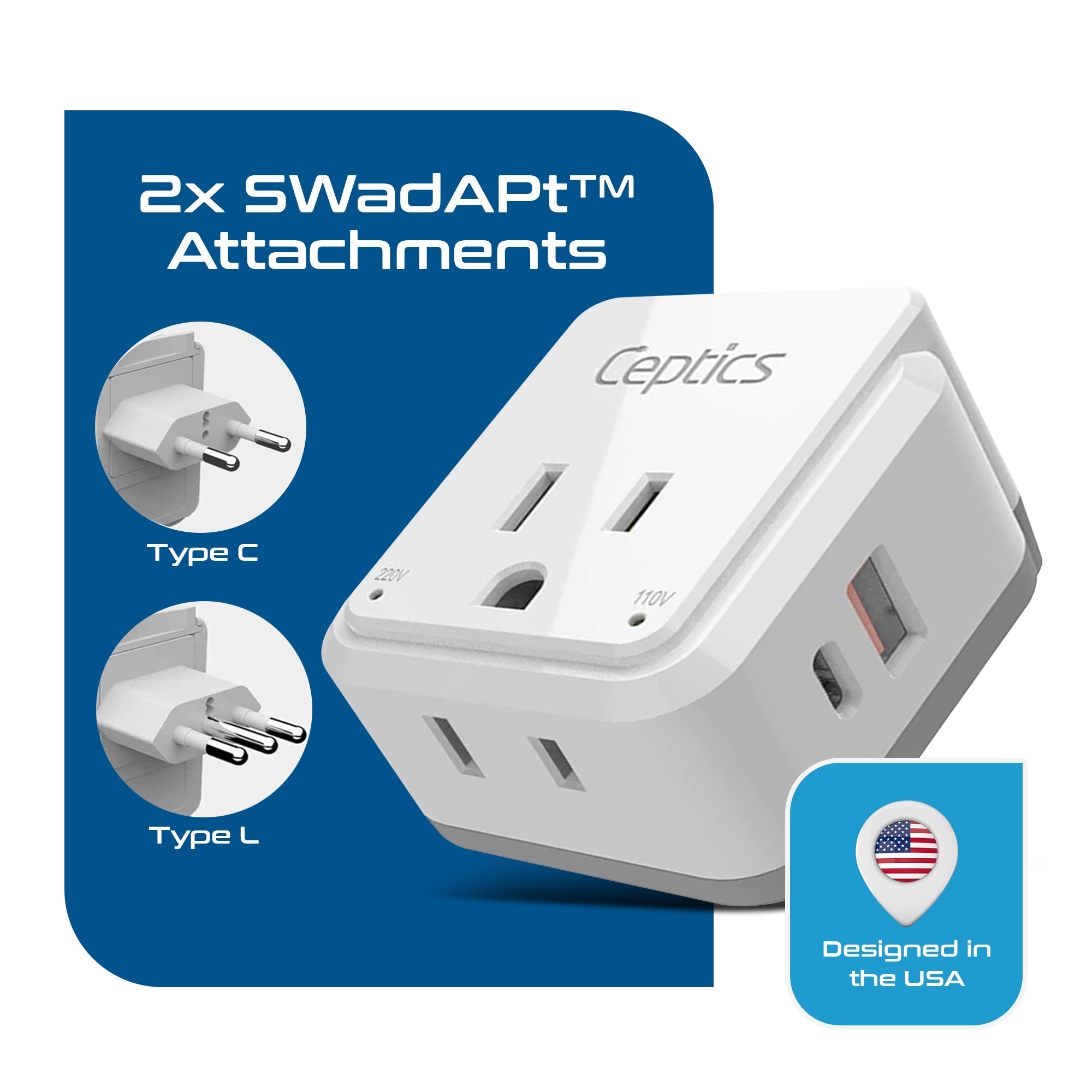 PAK-IT Italy, Chile Travel Adapter Set | Type C, L - USB & USB-C Ports + 2 US Outlets