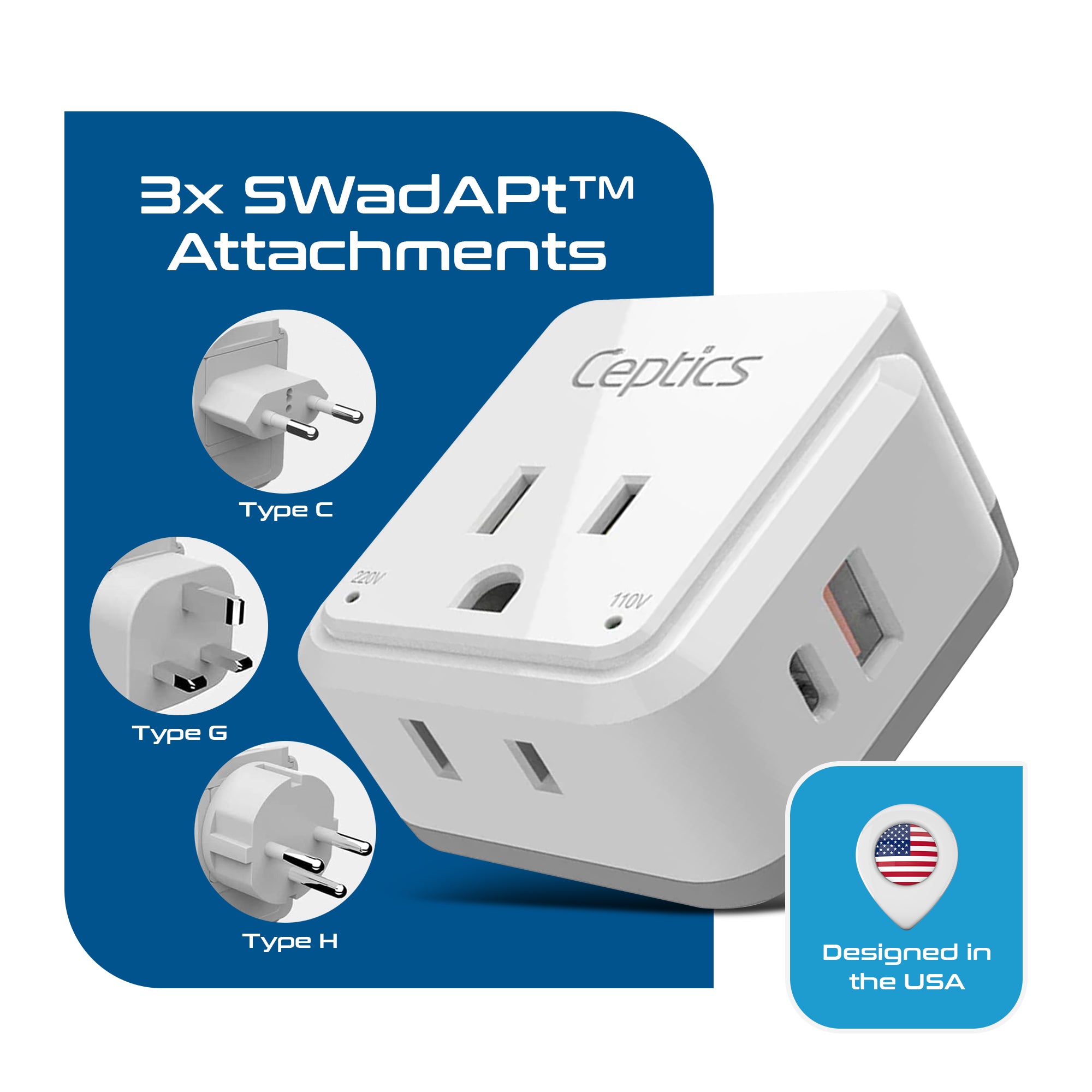 PAK-ME Israel, Jordan, Middle East Travel Adapter Set | Type C, G, H - USB & USB-C Ports + 2 US Outlets