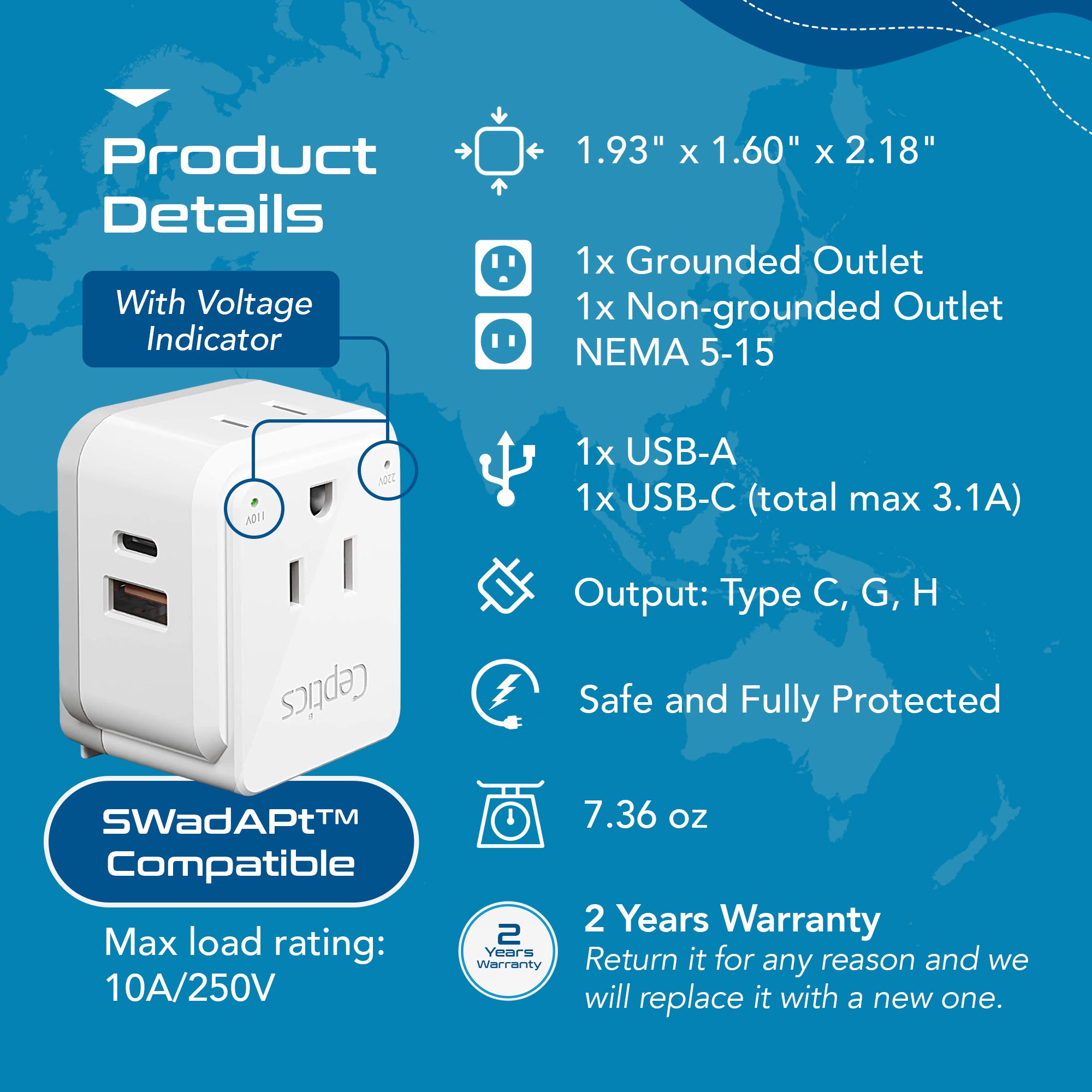 PAK-ME Israel, Jordan, Middle East Travel Adapter Set | Type C, G, H - USB & USB-C Ports + 2 US Outlets