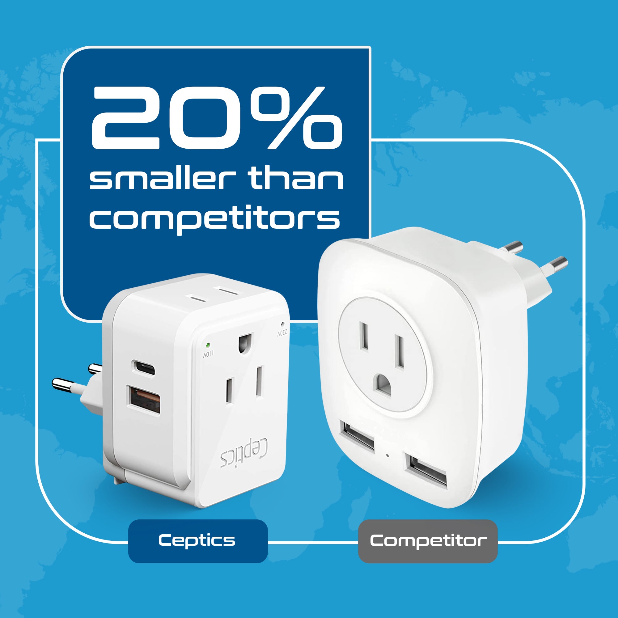 PAK-ME Israel, Jordan, Middle East Travel Adapter Set | Type C, G, H - USB & USB-C Ports + 2 US Outlets