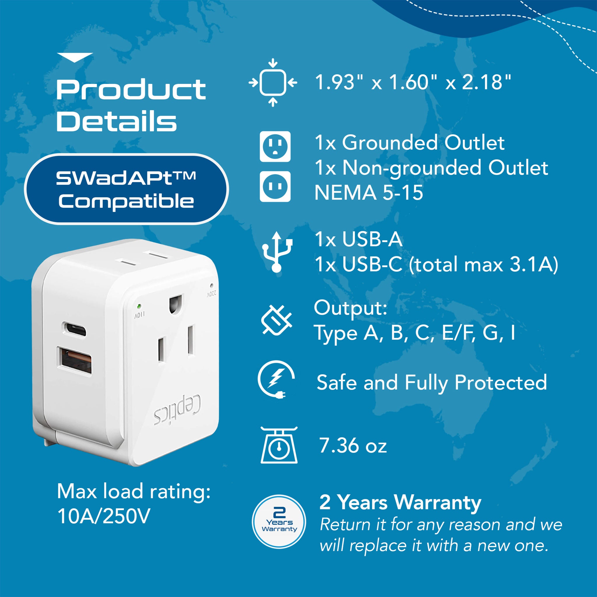 PAK-WS Travel Adapter Set | Type A, B, C, E/F, G, I - USB & USB-C Ports + 2 US Outlets