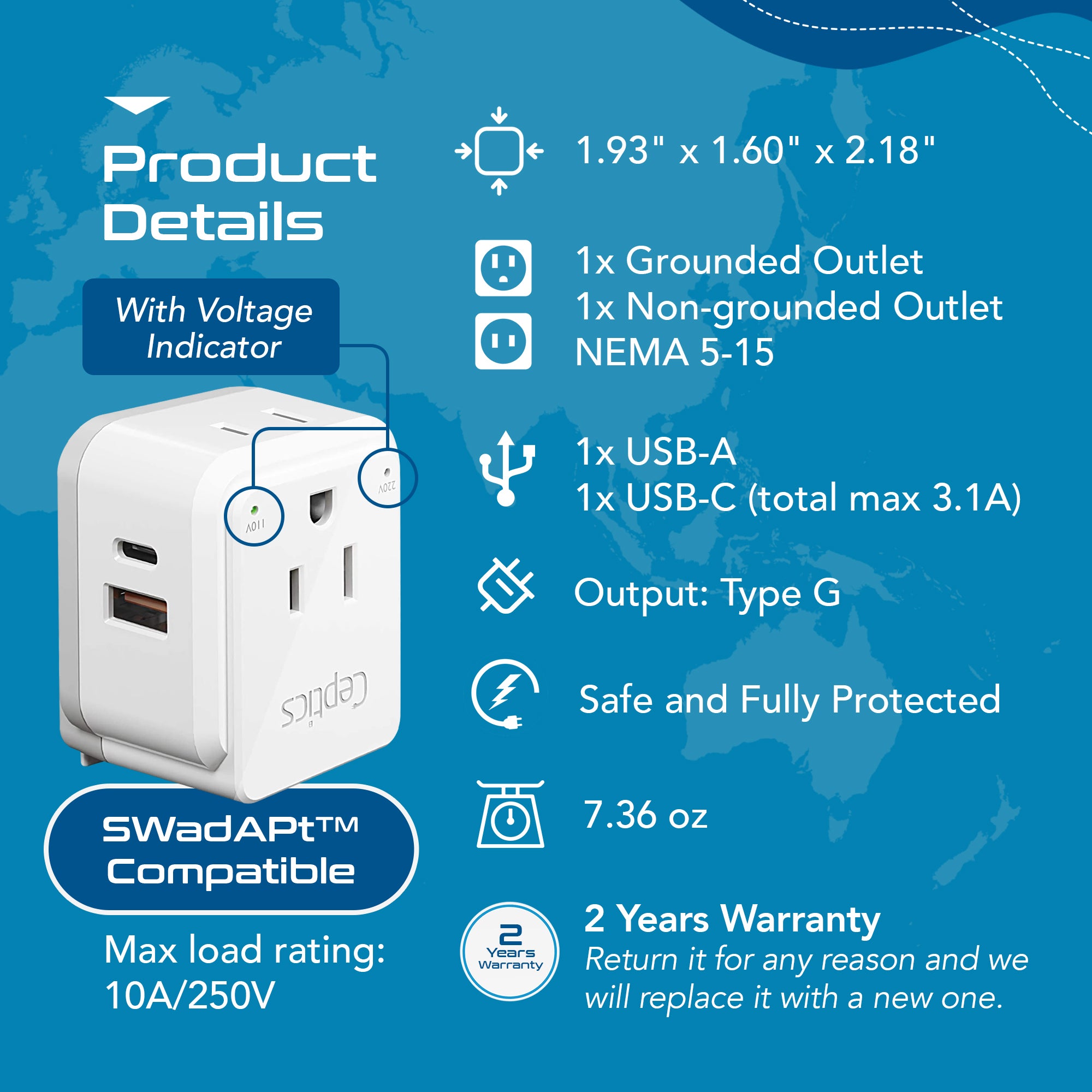 PAK-UK England, Hong Kong Travel Adapter | Type G - USB & USB-C Ports + 2 US Outlets