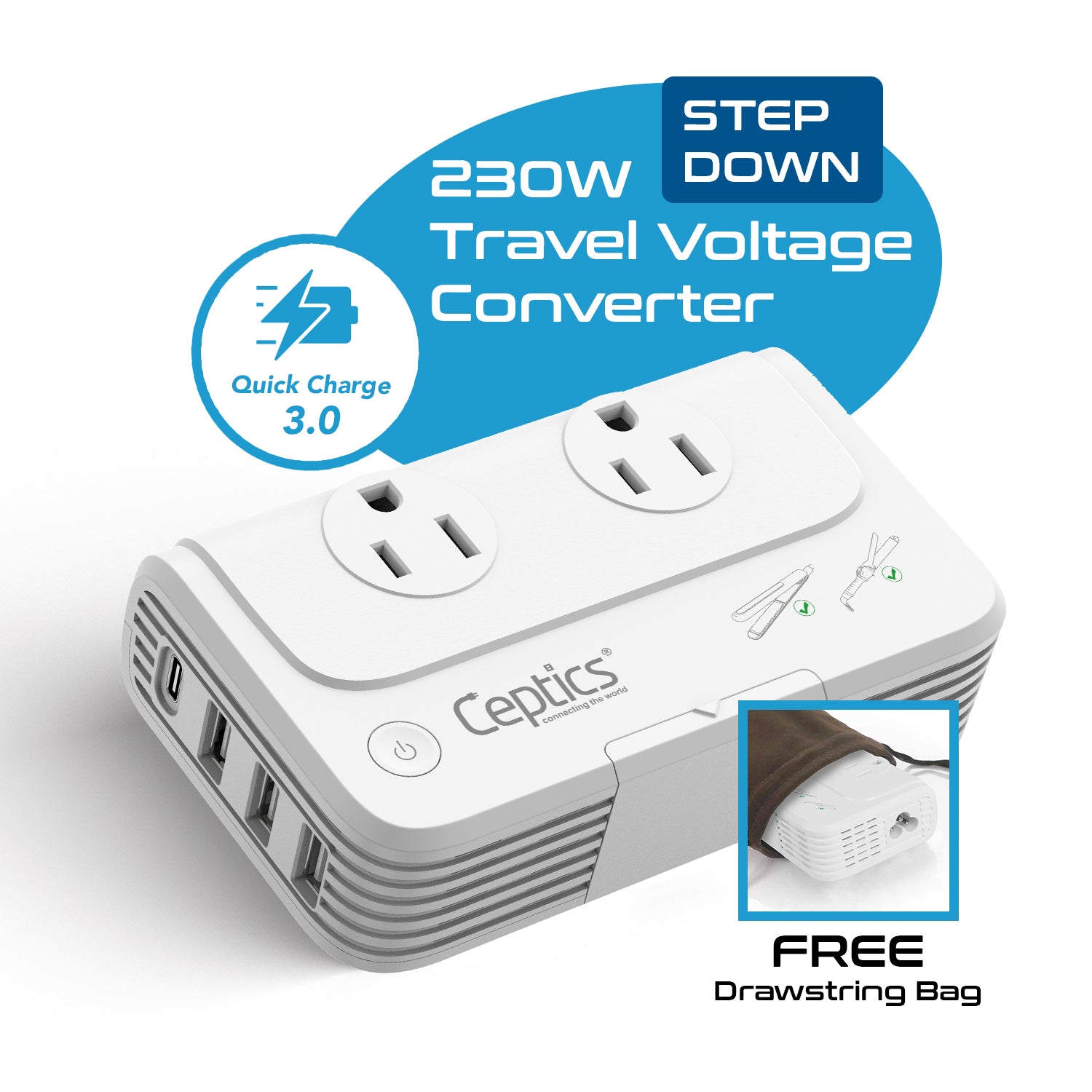 Africa Travel Voltage Converter 230W - 2 Outlets + 4 USB QC 3.0 - 220V to 110V (PU-200X-AF)