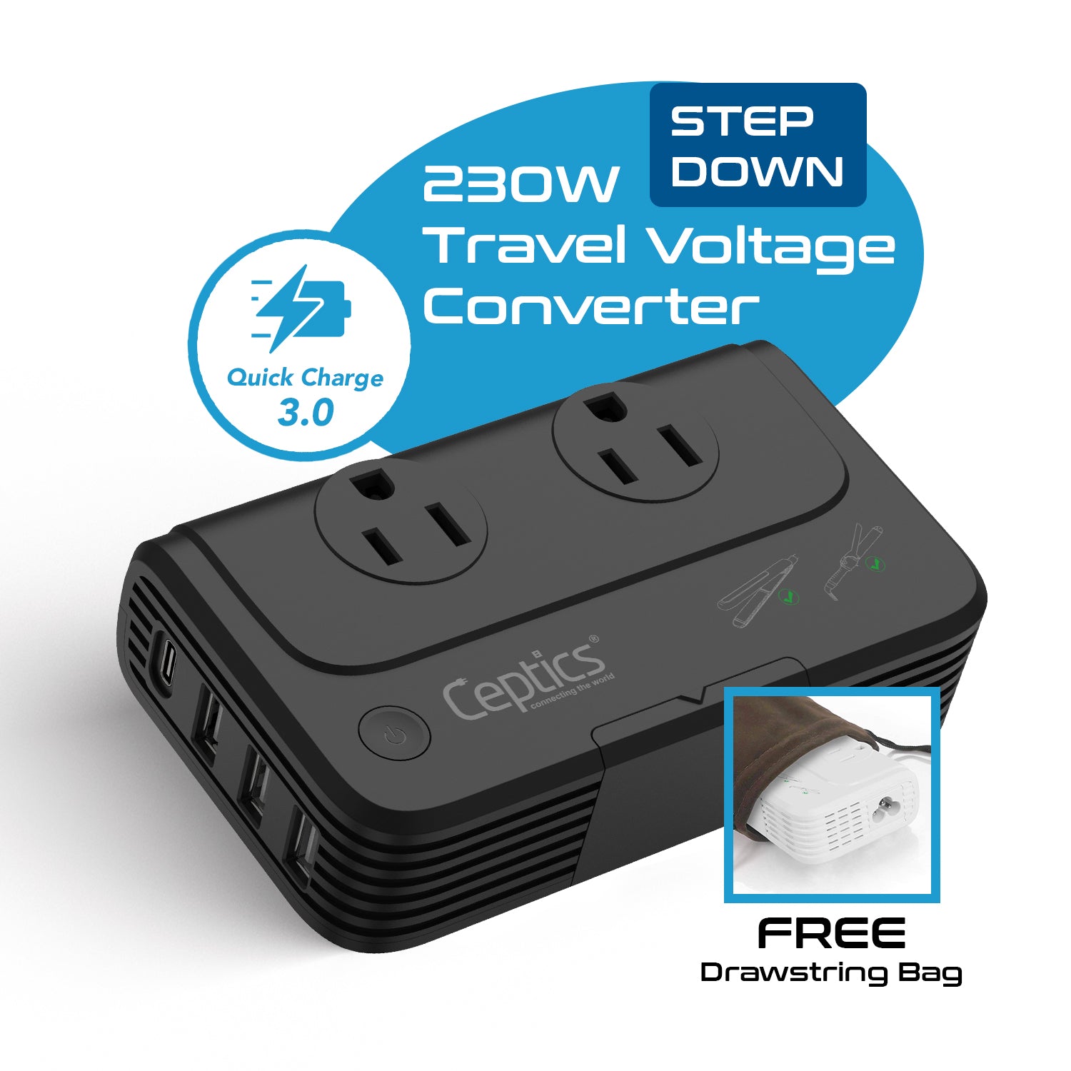 230W Travel Voltage Converter - 2 Outlets + 1 USB C + 3 USB A QC 3.0 - 220V to 110V (PU-200X)