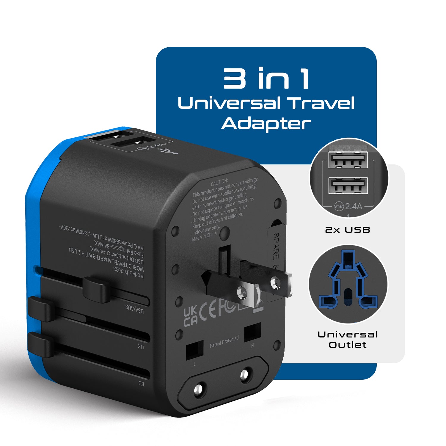 All-In-One International Travel Plug Adapter - 2 USB Ports (UP-8KU)