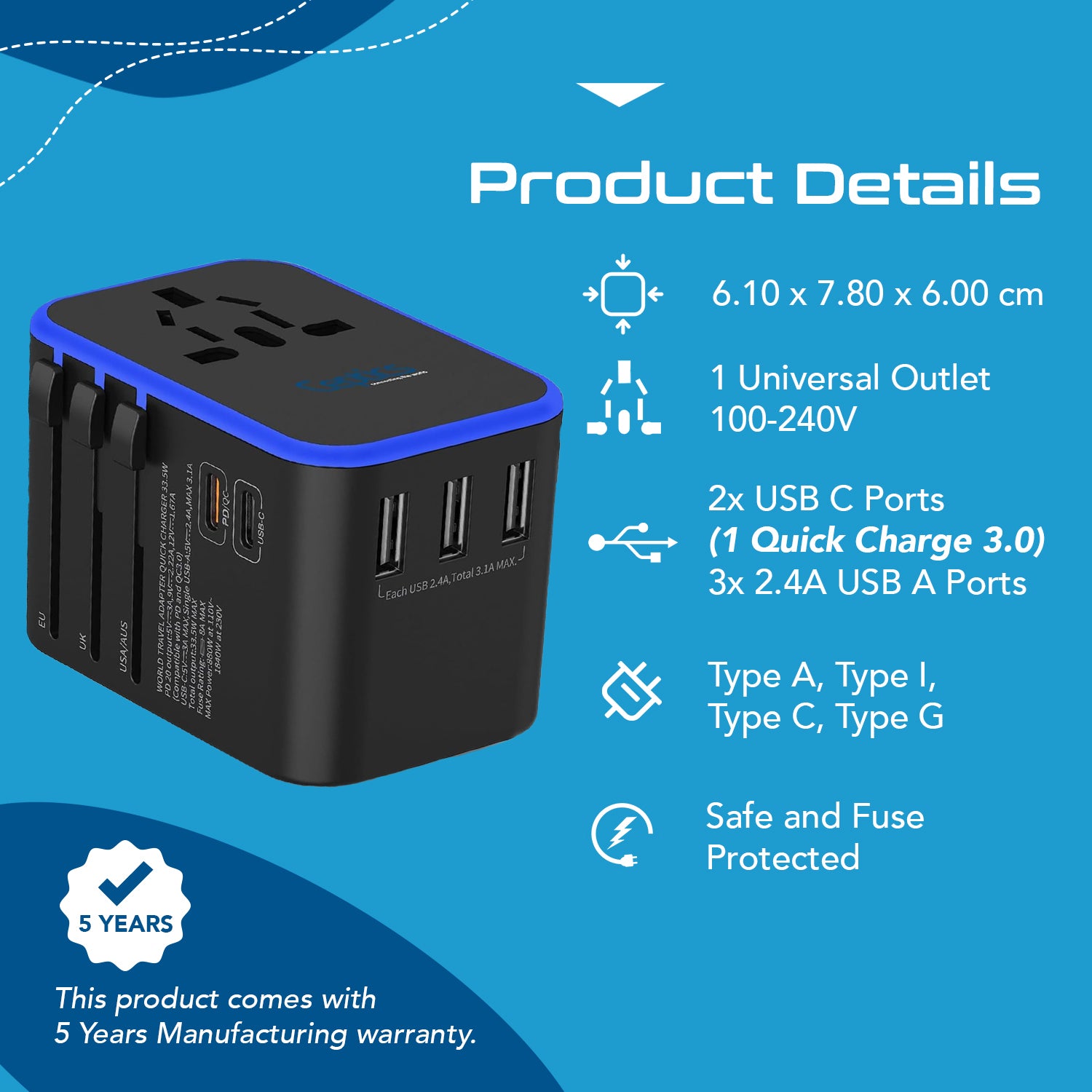 All-In-One International Travel Adapter Plug - 2 USB-C (PD & QC) - 3 USB Ports (UP-11KU)