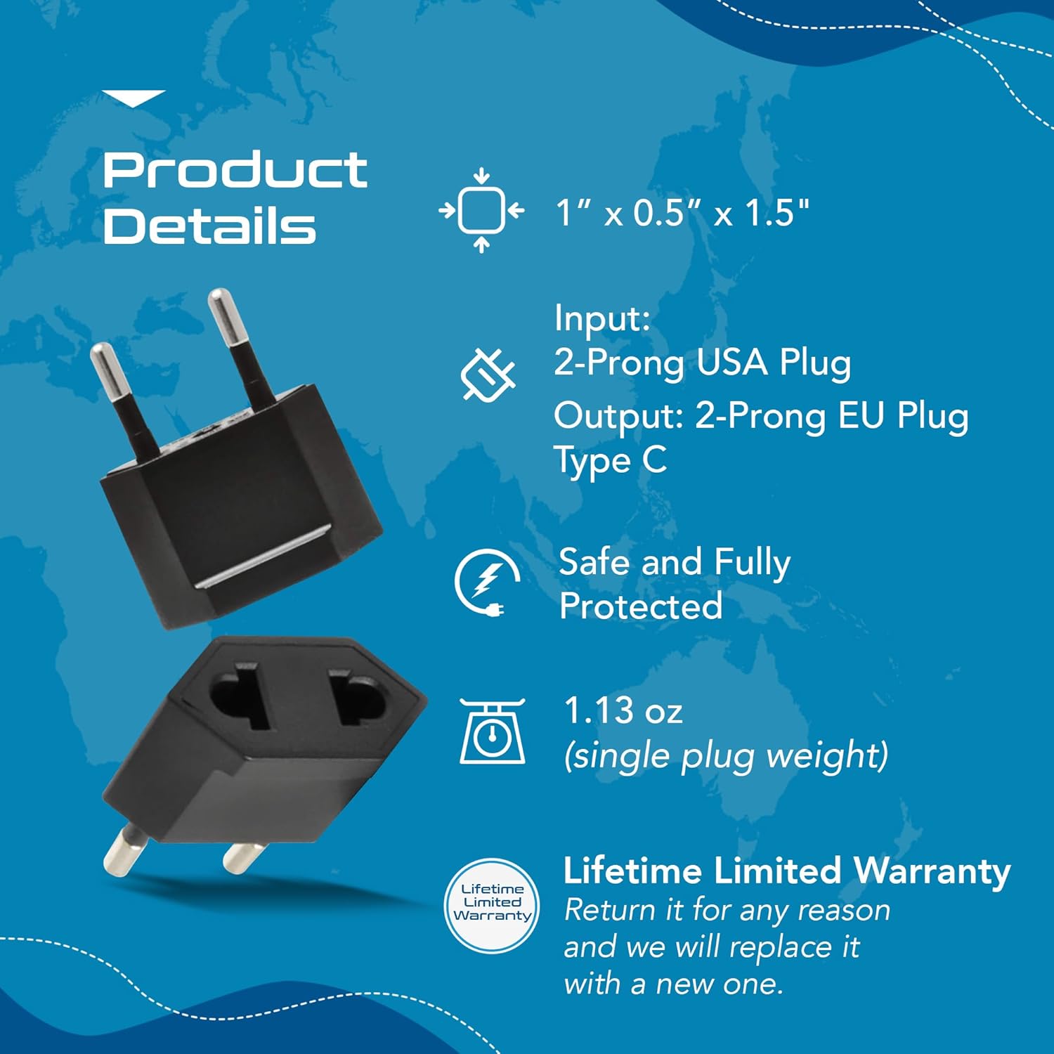 USA / N. America to Europe Travel Adapter - Non-Grounded (UP-12AE, 12 Pack)