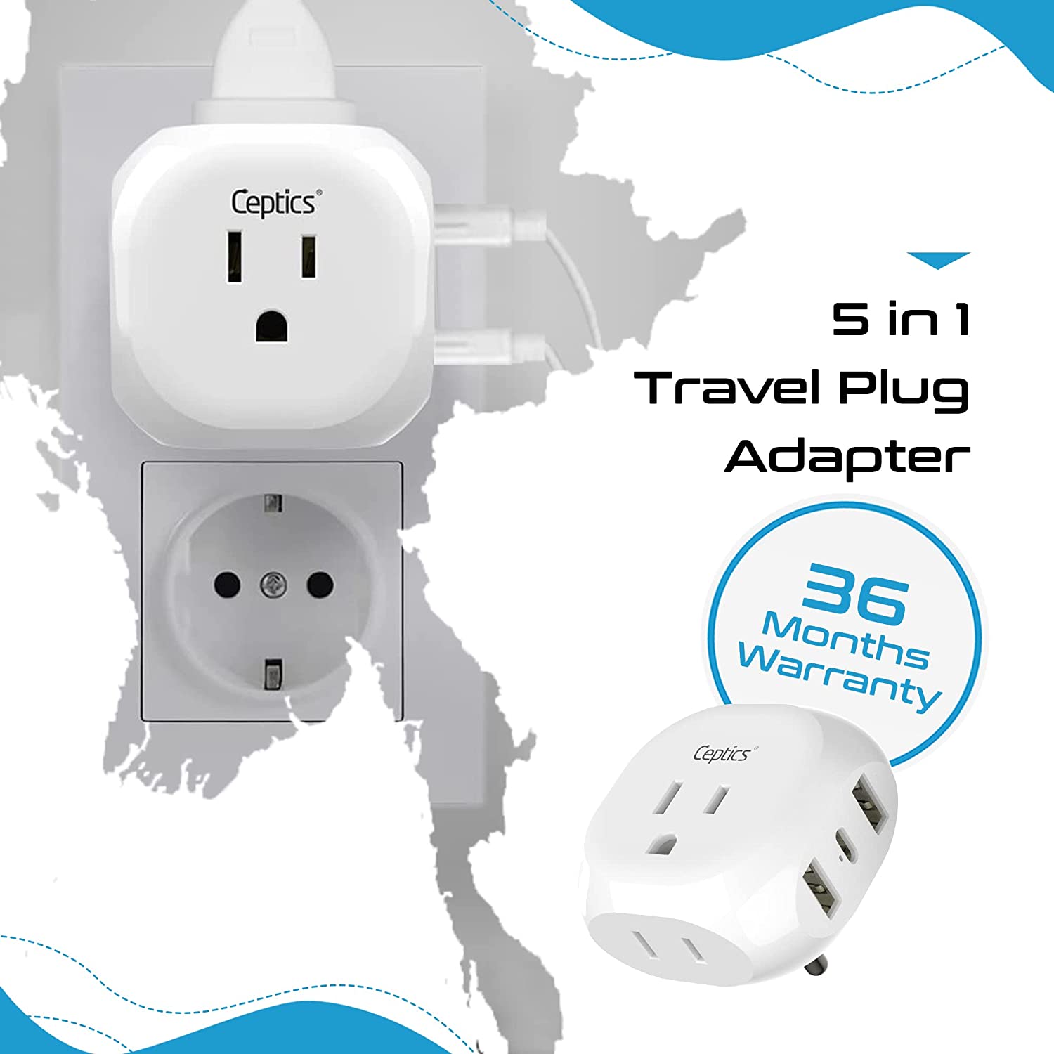 India, Pakistan Plug Adapter - Type D - 5 in 1 - Ultra Compact (PTU-10)