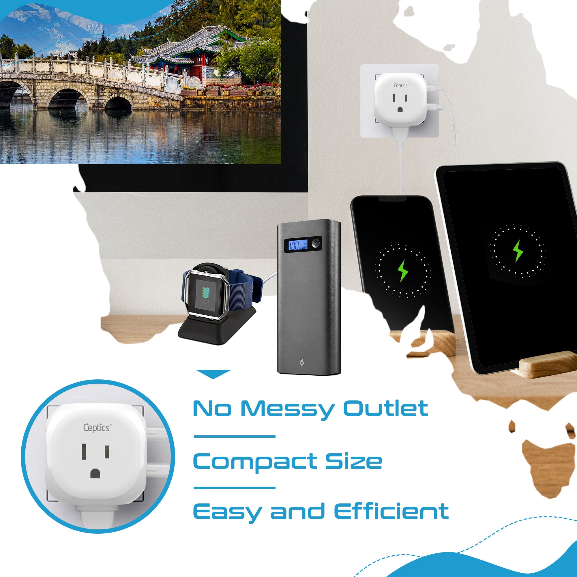 Australia, New Zealand, China Travel Plug Adapter - Type I - 5 in 1 - Ultra Compact (PTU-16)