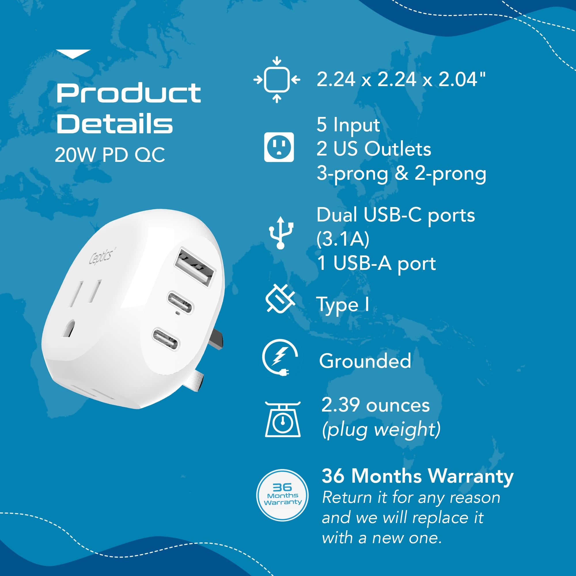 Australia, New Zealand, China Travel Plug Adapter - Type I - 5 in 1 - Ultra Compact (PTU-16)