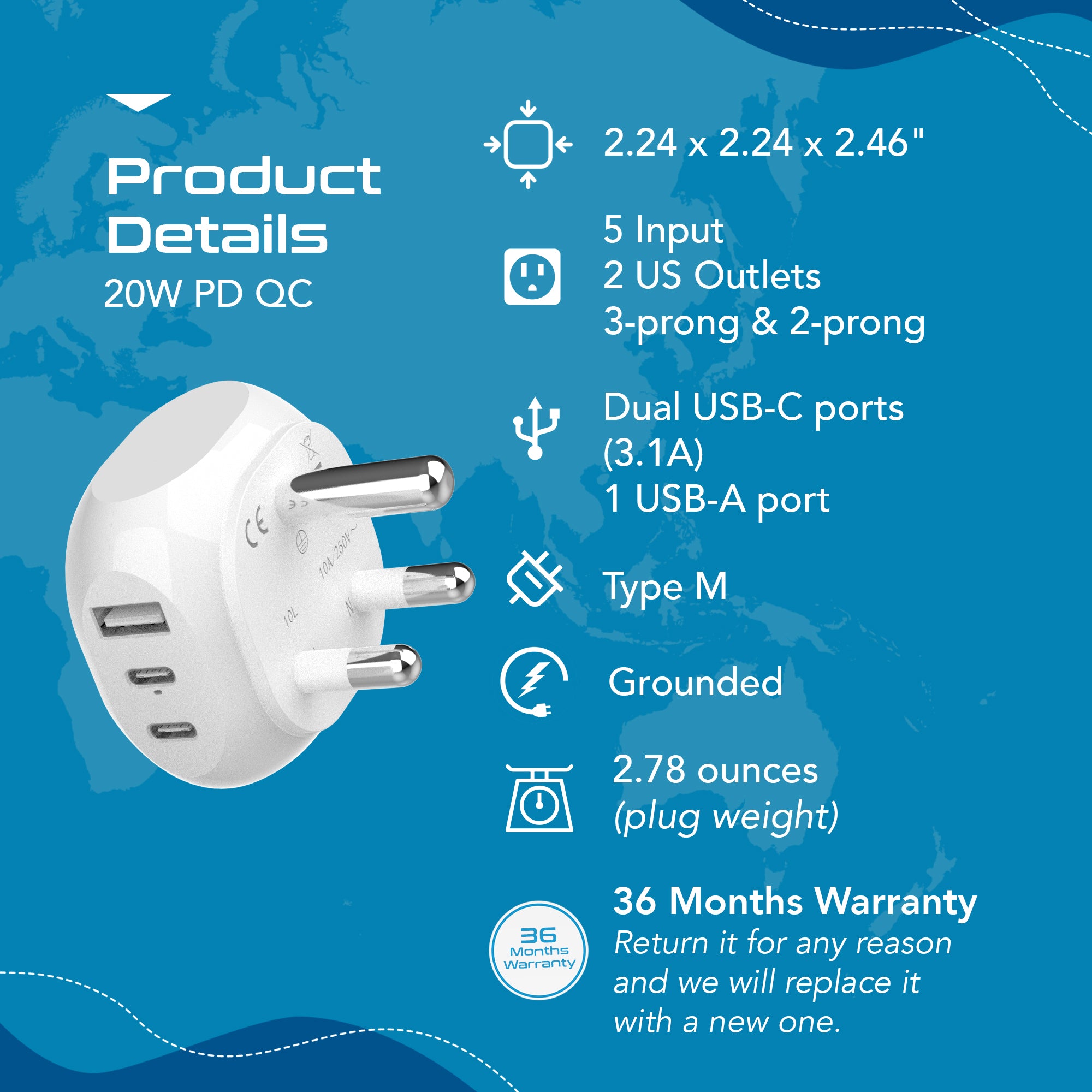 South Africa Travel Plug Adapter - Type M - 5 in 1 - Ultra Compact (PTU-10L)