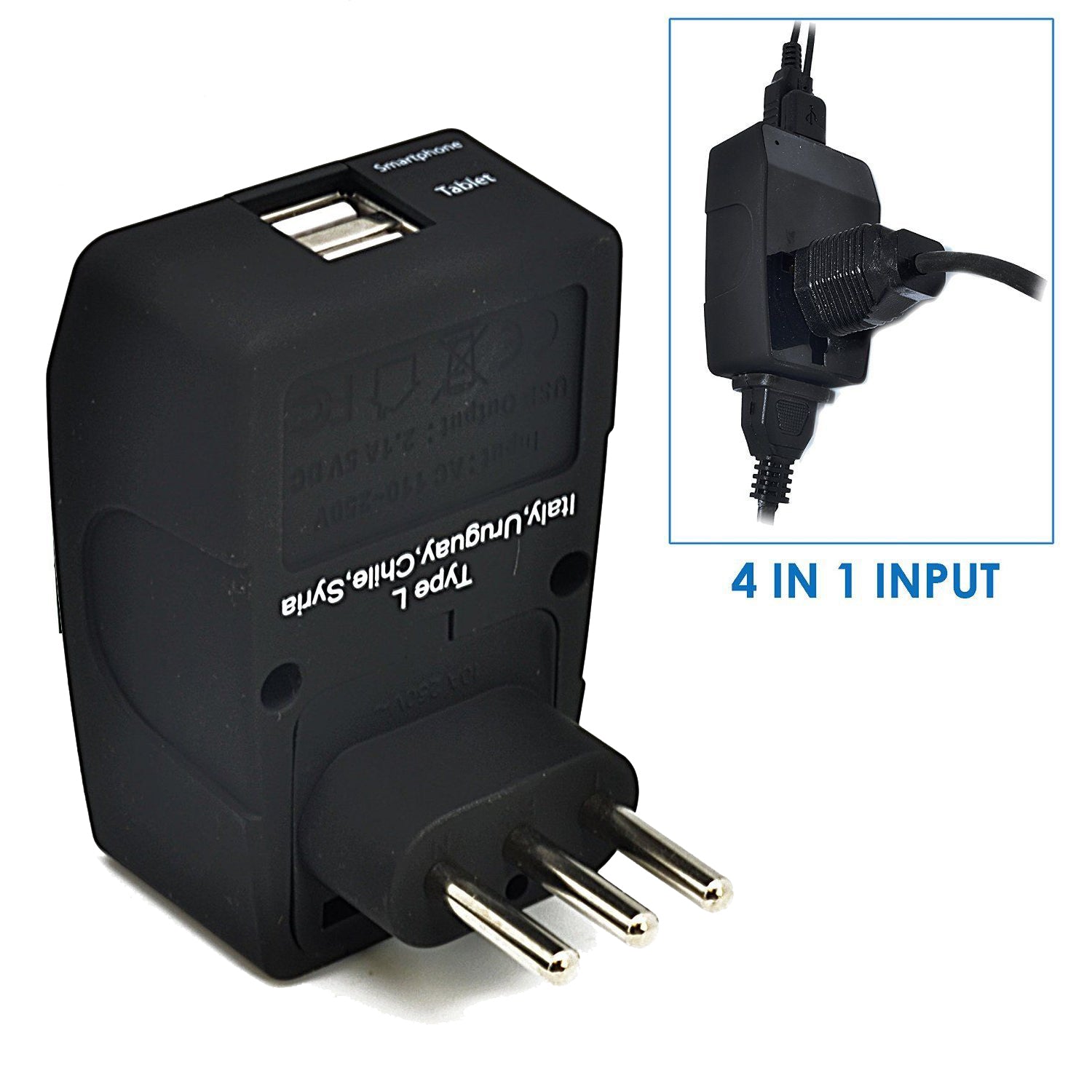 Italy Travel Adapter - Type L - 4 in 1 - 2 USB Ports (GP4-12A)