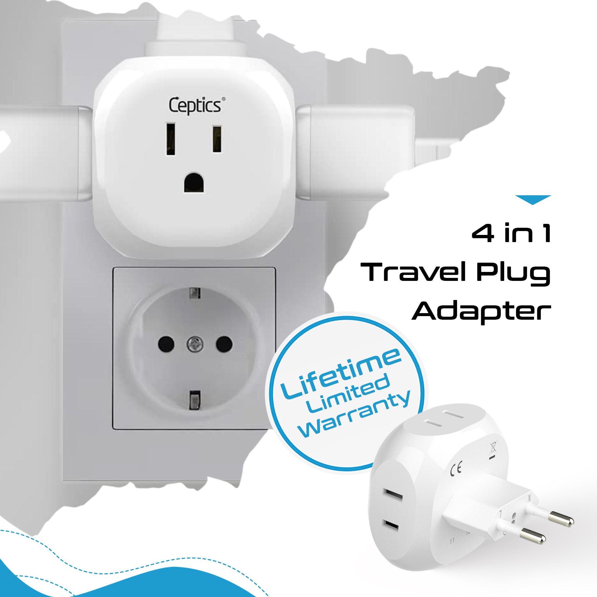 Europe Travel Adapter Set- 4 in 1 - Ultra Compact - Light Weight (PT-9C-7-4PK)