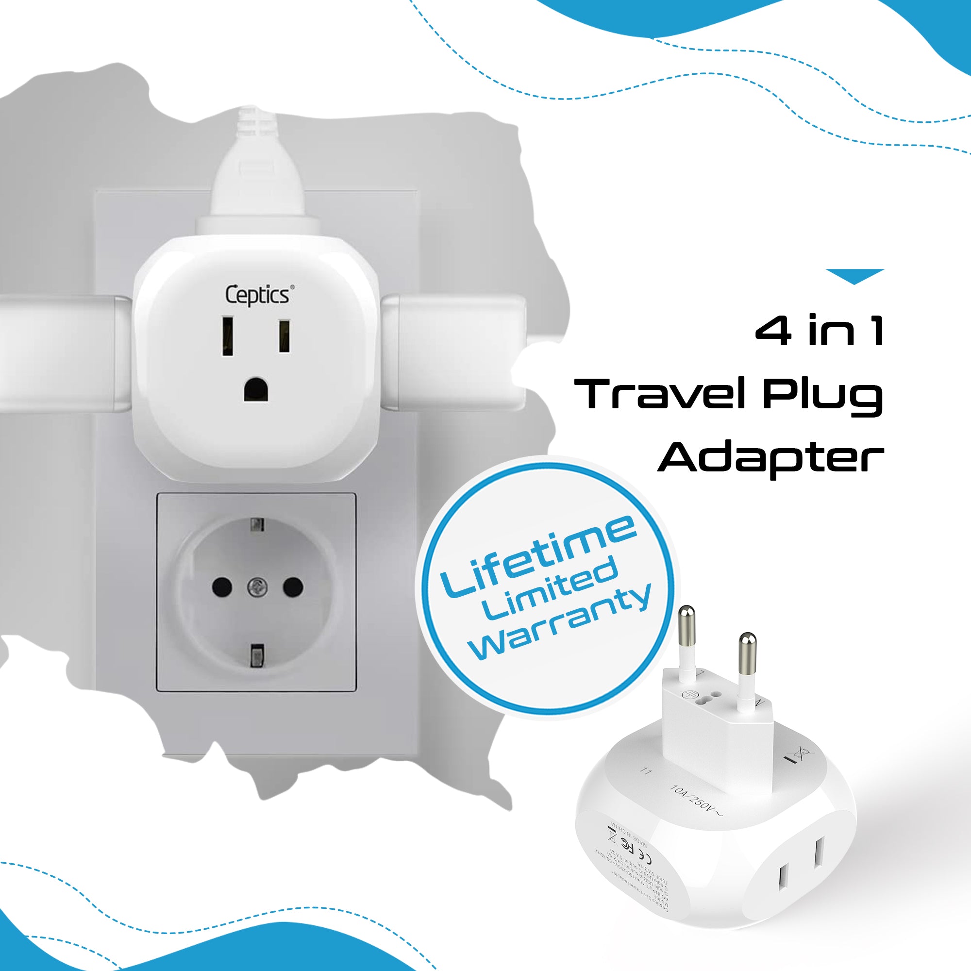 European Travel Plug Adapter - 4 in 1 - Ultra Compact - Light Weight (PT-9C)