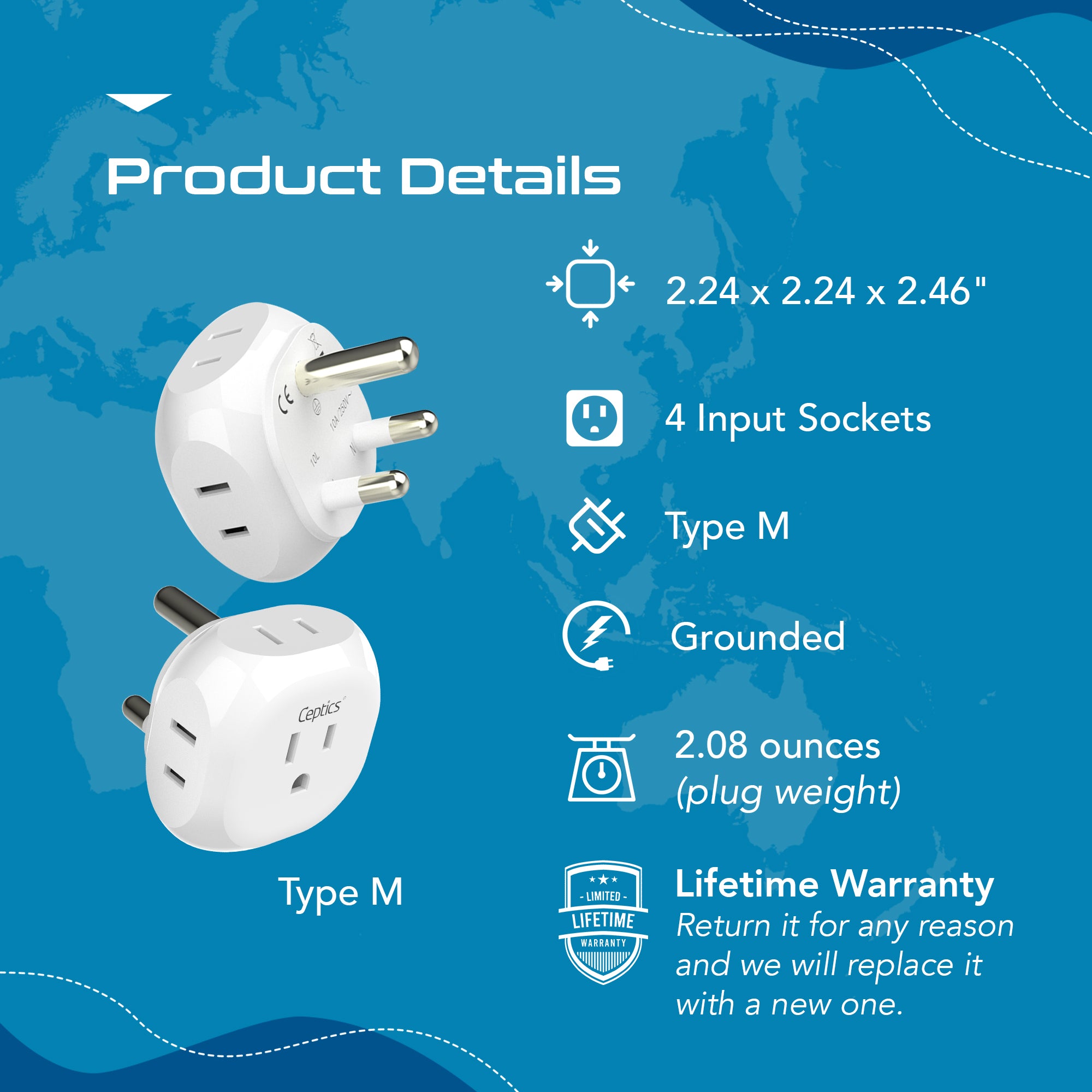 South Africa Travel Plug Adapter - 4 in 1 - Ultra Compact - Light Weight (PT-10L)