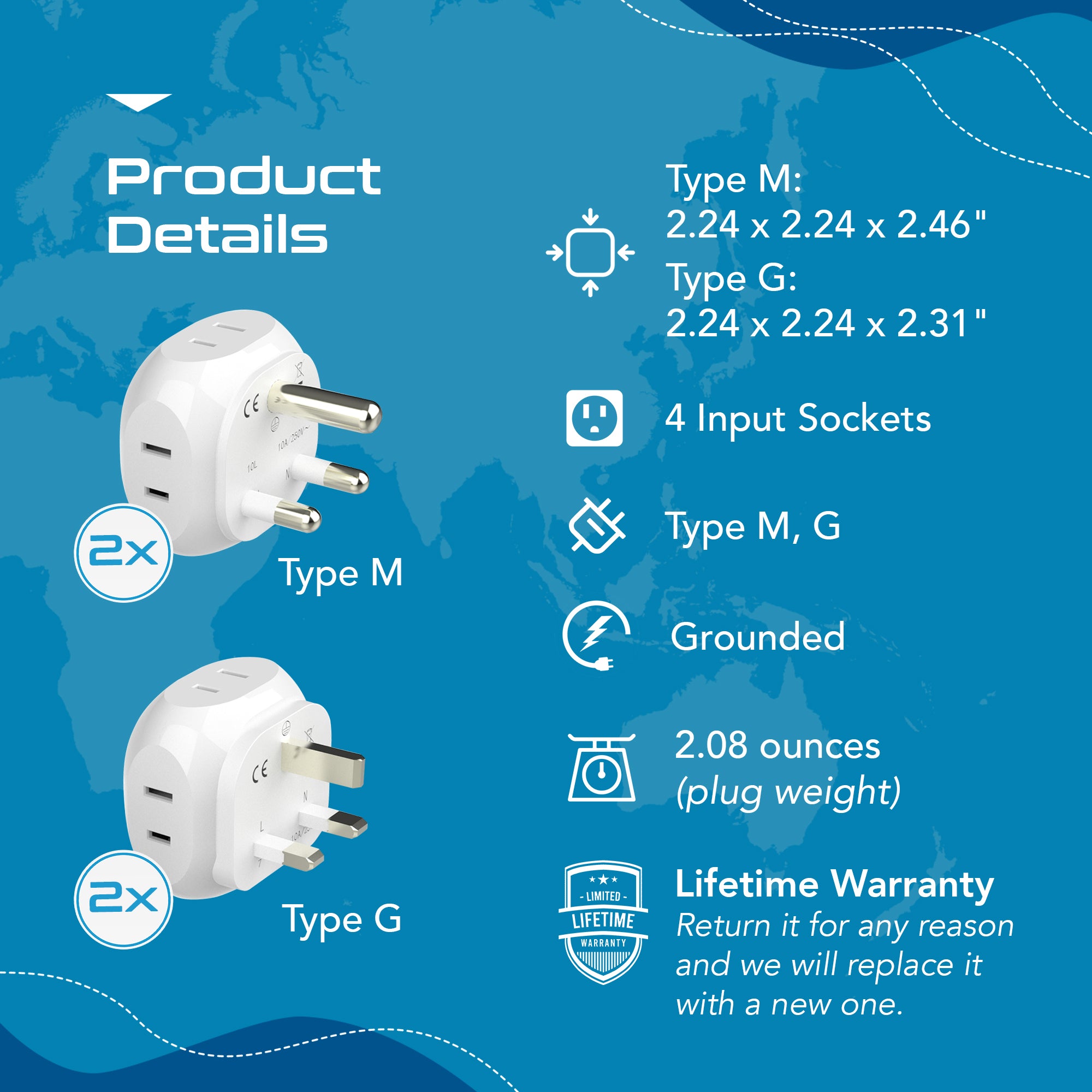 South Africa Travel Adapter Set - 4 in 1 - Ultra Compact - Light Weight (PT-7-10L-4PK)