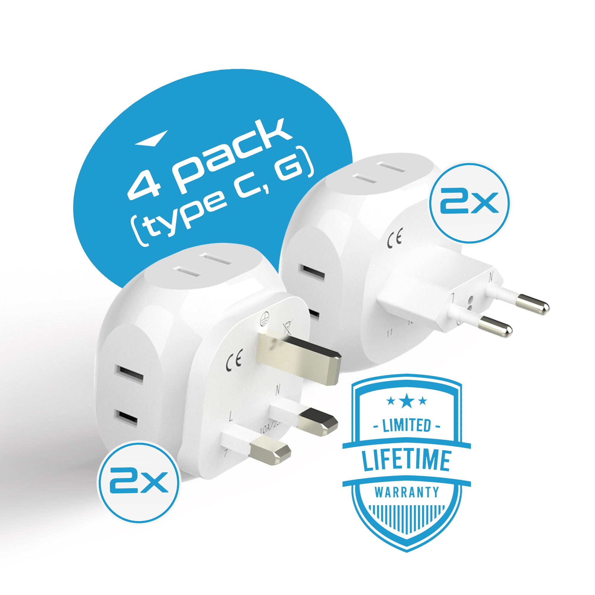 Europe Travel Adapter Set- 4 in 1 - Ultra Compact - Light Weight (PT-9C-7-4PK)